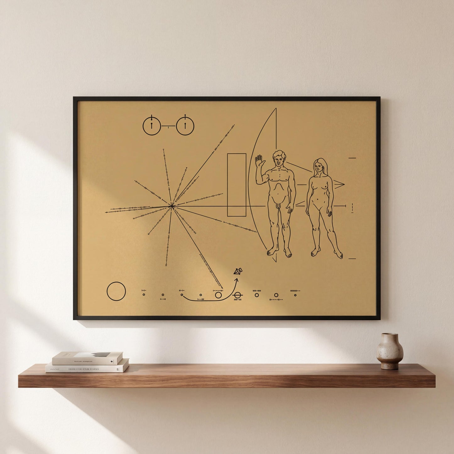 a framed artwork depicting a man and a woman standing in front of a spacecraft, with various geometric shapes and symbols surrounding them.