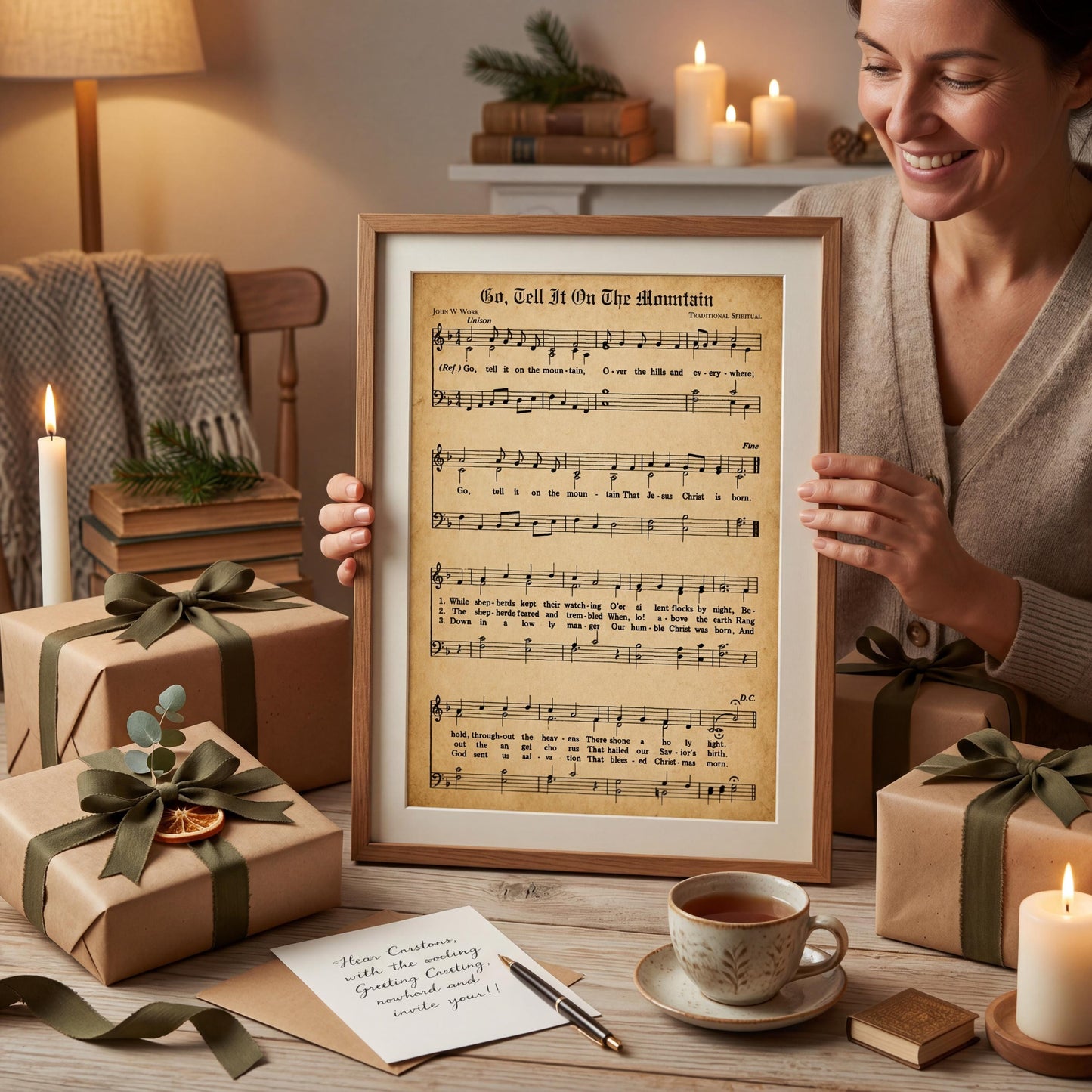 A woman is holding up a framed sheet music with lyrics, surrounded by wrapped gifts, a cup of tea, and other holiday decorations.