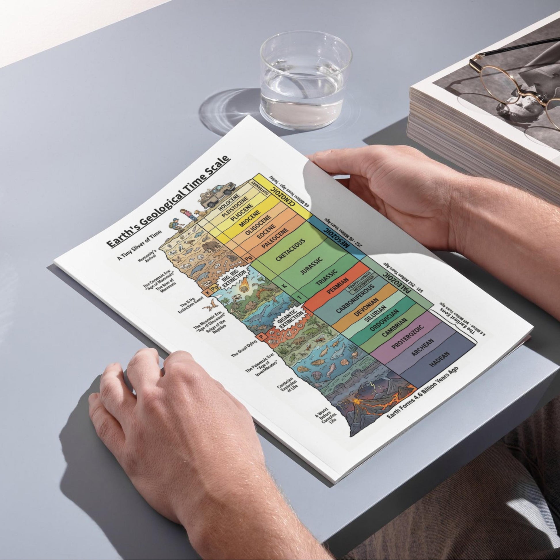 Stratigraphic Chronicle illustrated Earth history timeline presented with color-coded geological eras and key evolutionary milestones such as the Cambrian Explosion and Age of Dinosaurs, supporting long-term retention in classroom learning.