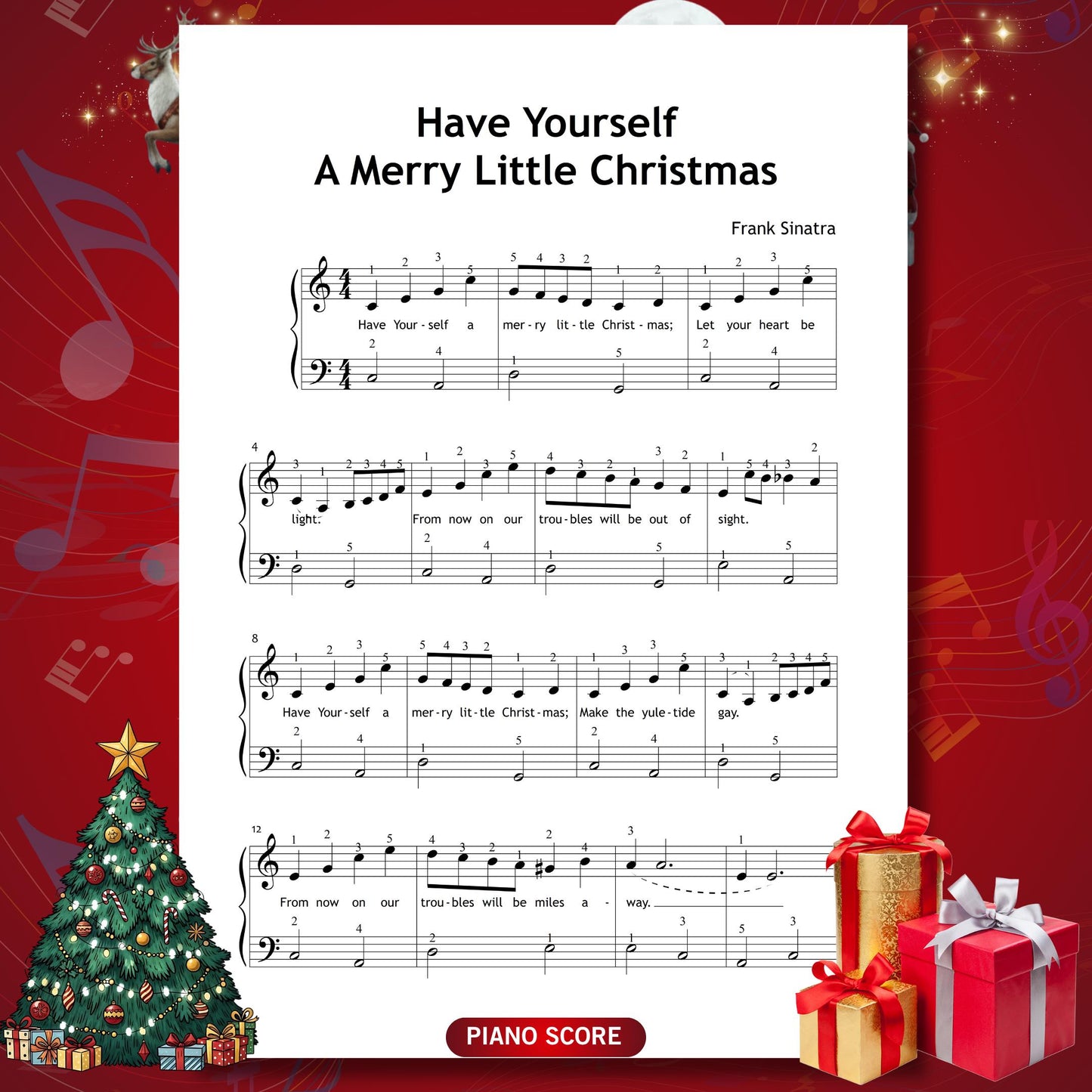 Have Yourself a Merry Little Christmas by Hugh Martin and Ralph Blane downloadable and simplified piano sheet music PDF displayed with note names, finger numbers, color-coded notes, and printed lyrics in a clear Grade 1 engraving derived from manuscript sources for easy seasonal study.