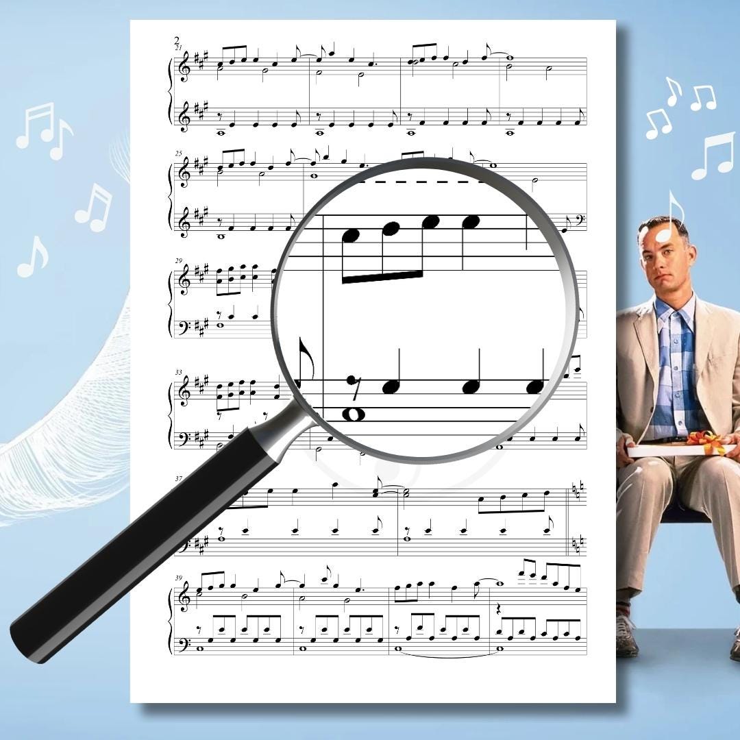 Forrest Gump Theme by Alan Silvestri downloadable and simplified piano sheet music PDF in a color-coded Grade 4 edition highlighting visual note cues, finger-number placement, and optional note names, engraved from the manuscript for smooth and lyrical playing.