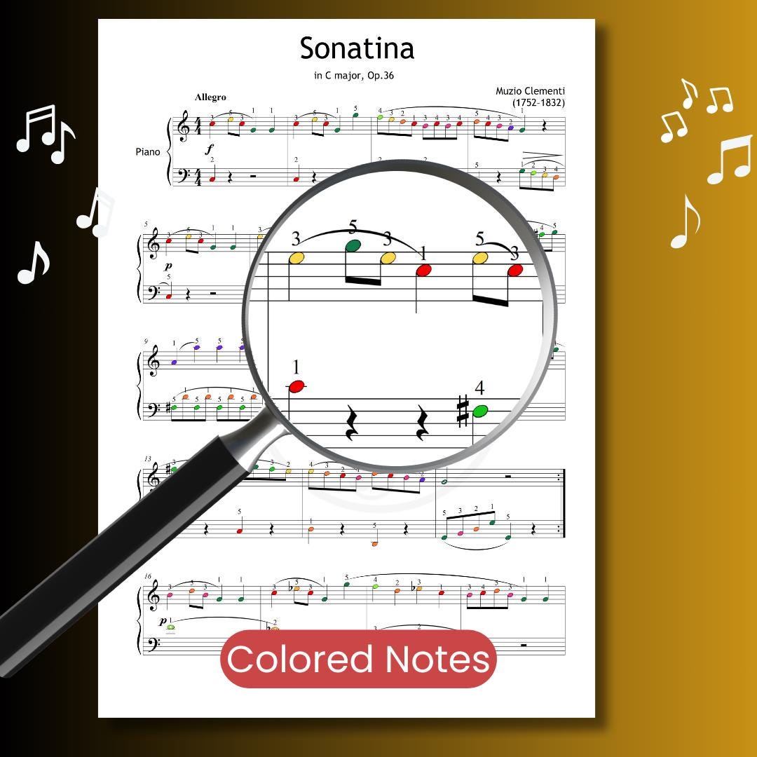 Color-coded version of Clementi’s Sonatina No.1 helps visual learners identify notes and pitch more easily. A supportive layout for early intermediate pianists developing reading skills.