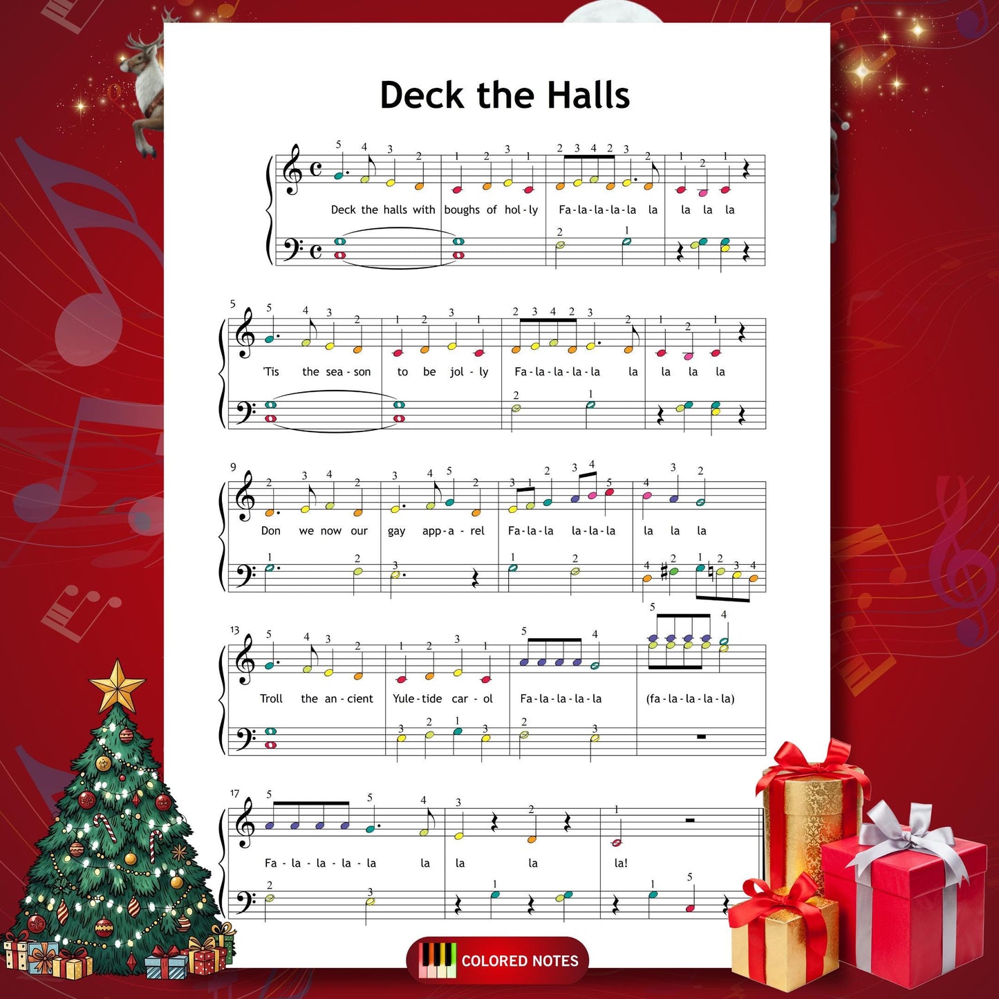 Deck the Halls by Traditional downloadable and simplified piano sheet music PDF created for families searching for the best Christmas gifts under $5, presenting lyrics, finger numbers, color notes and note names in a clean festive layout that makes beginner piano learning enjoyable and accessible.