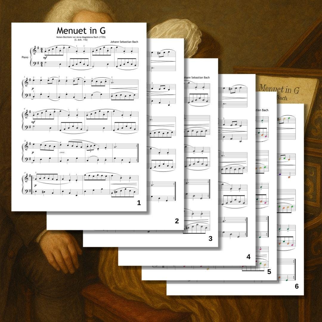 Menuet in G Major by Johann Sebastian Bach – downloadable and simplified piano sheet music PDF bundle includes six unique versions: clean, note-named, fingered, color, combined, and digital-optimized. Comprehensive set for teachers and structured learning paths.