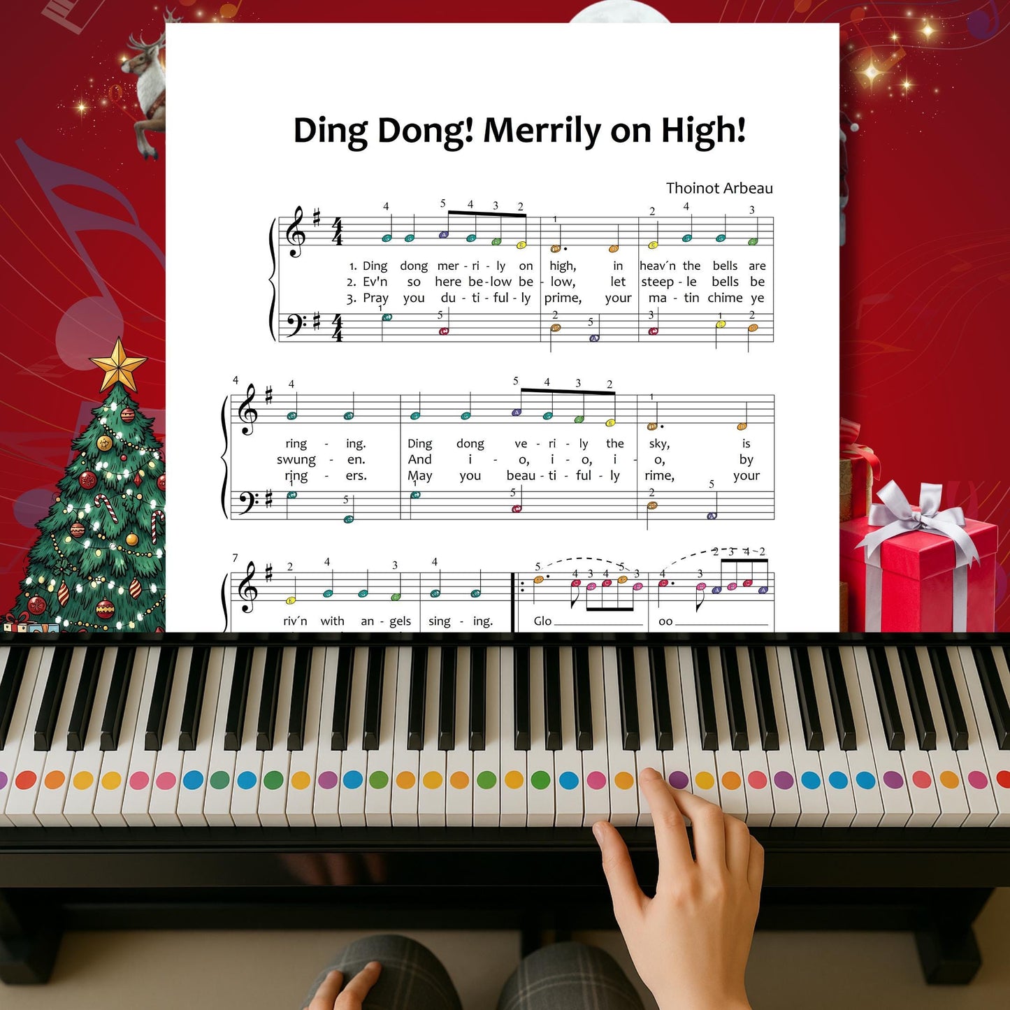 Ding Dong Merrily on High by Traditional downloadable and simplified piano sheet music PDF designed for Grade 1 learners, blending Christmas gifts 2025 charm with our eco-friendly and personalised digital Christmas printables, including lyrics, finger numbers, note names and color-coded notes for instant festive piano fun.