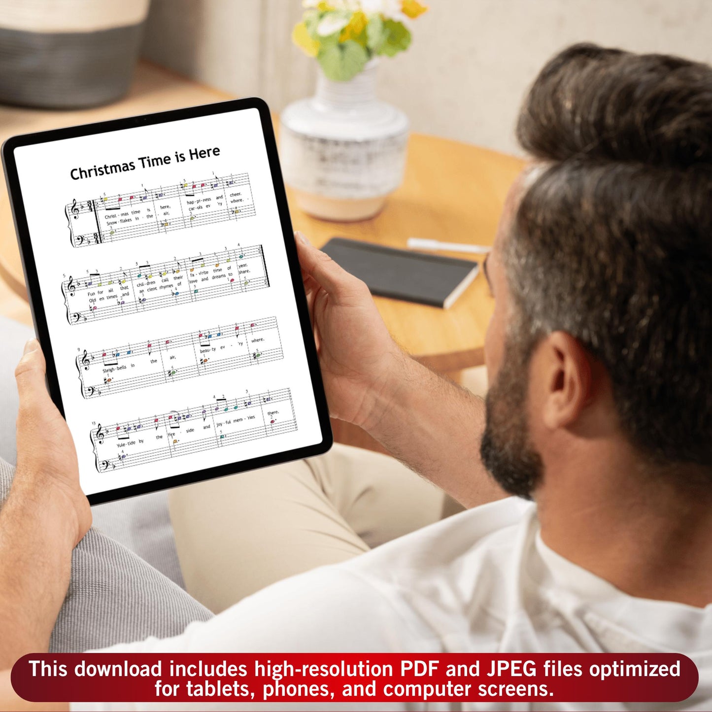 Christmas Time Is Here by Vince Guaraldi downloadable and simplified piano sheet music PDF provides a fun Christmas printable worksheet aligned with Christmas gifts 2025 trends, featuring lyrics, finger numbers, color notes and note names to support confident beginner piano playing.