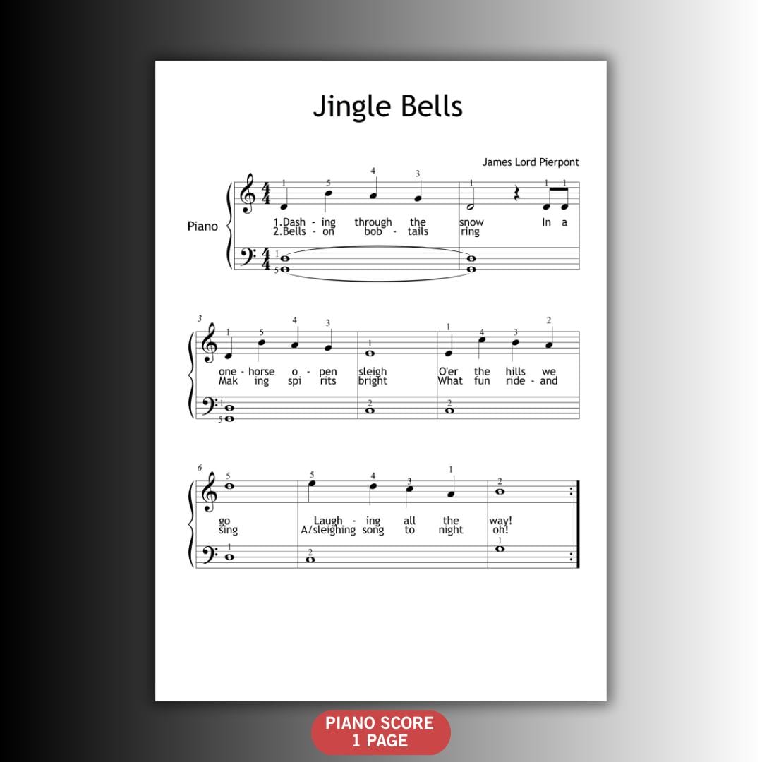 Jingle Bells by James Lord Pierpont downloadable and simplified piano sheet music PDF in a color-coded Grade 1 edition highlighting visual note cues, finger-number placement, note-name labels, lyrics, and the optional violin line, engraved from the manuscript for joyful Christmas playing.