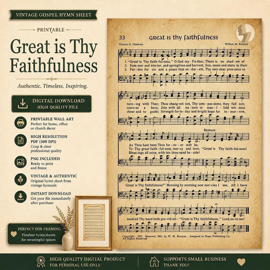 Great Is Thy Faithfulness Vintage Hymn Printable | Antique Gospel Sheet Music Wall Art PDF PNG | Christian Decor Download