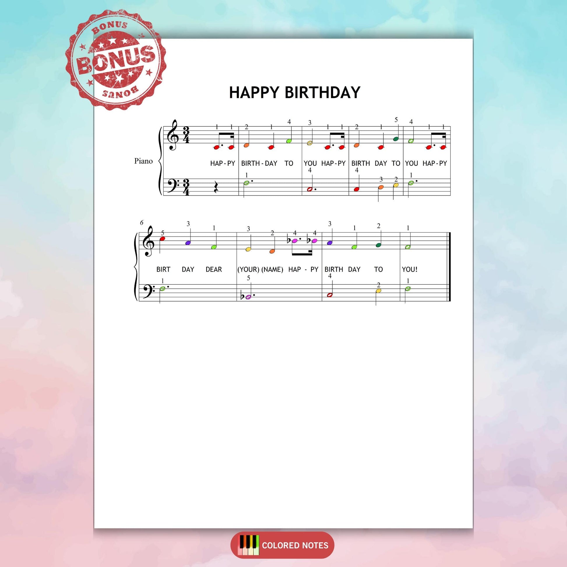 Happy Birthday beginner piano sheet music Grade 1, printable PDF and PNG with clean layout, finger numbers, note names, and color notes, plus MP3 play-along and MP4 tutorial, ideal for kids and early learners.