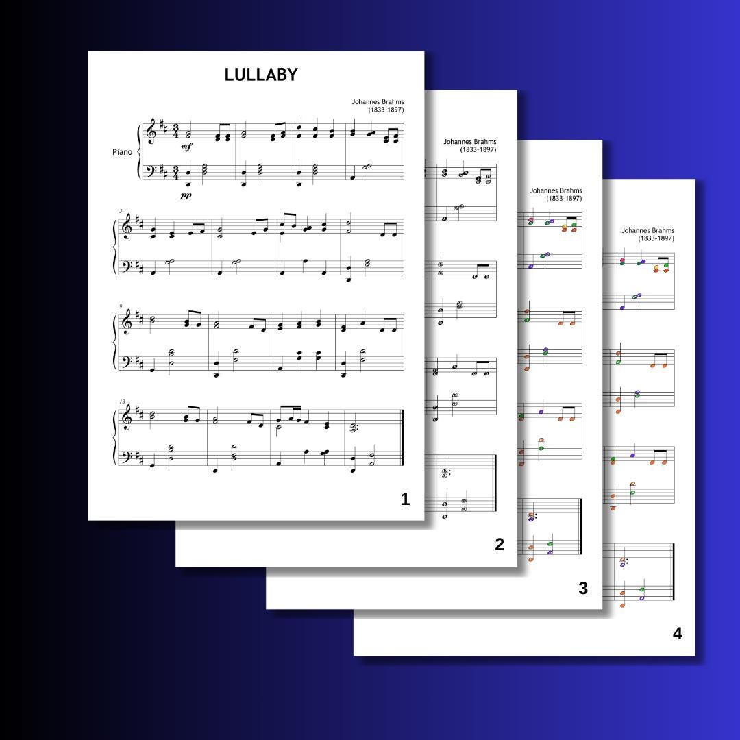 Brahms Lullaby Grade 4 Piano Sheet - Digital Download with Finger Numbers, Colored Notes, MP3, Tutorial Video