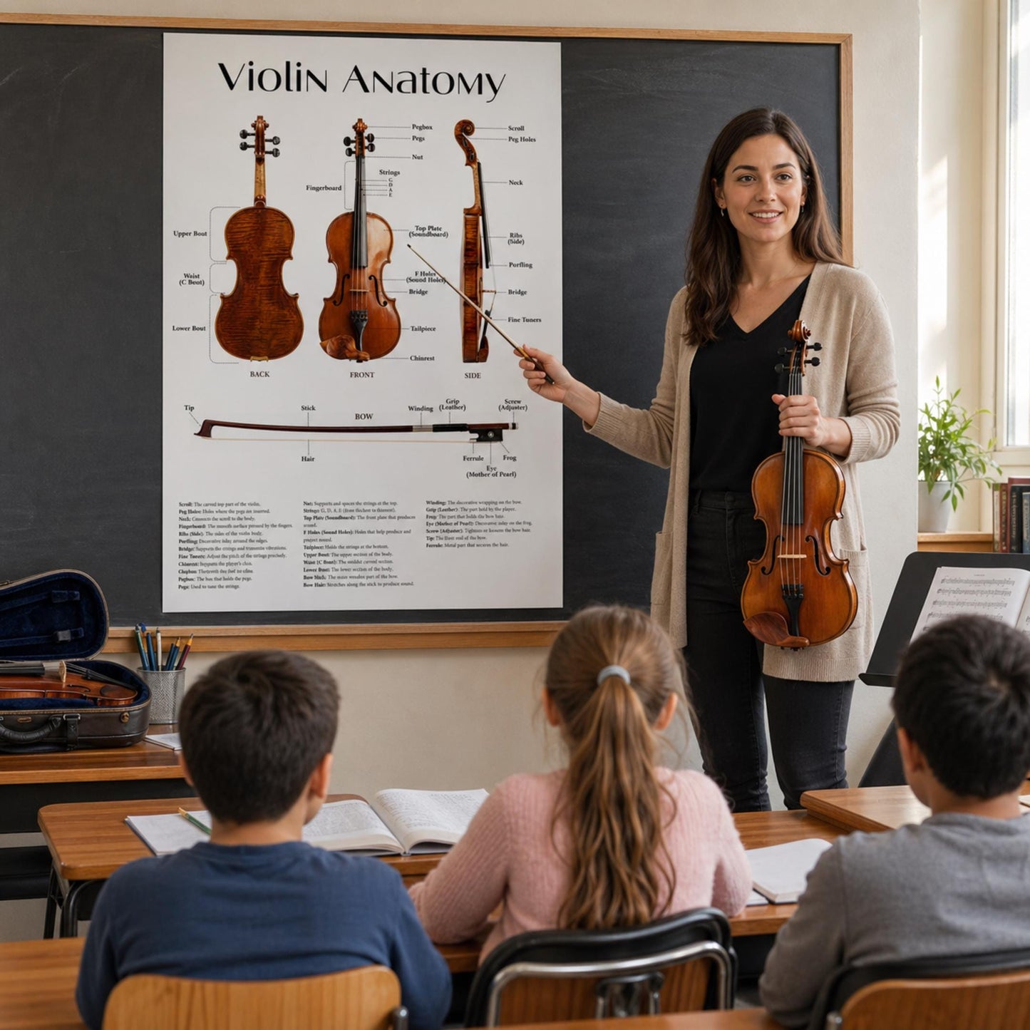 Professional violin anatomy chart printable displaying all key components with accurate labeling, designed for teachers, students, and conservatory use