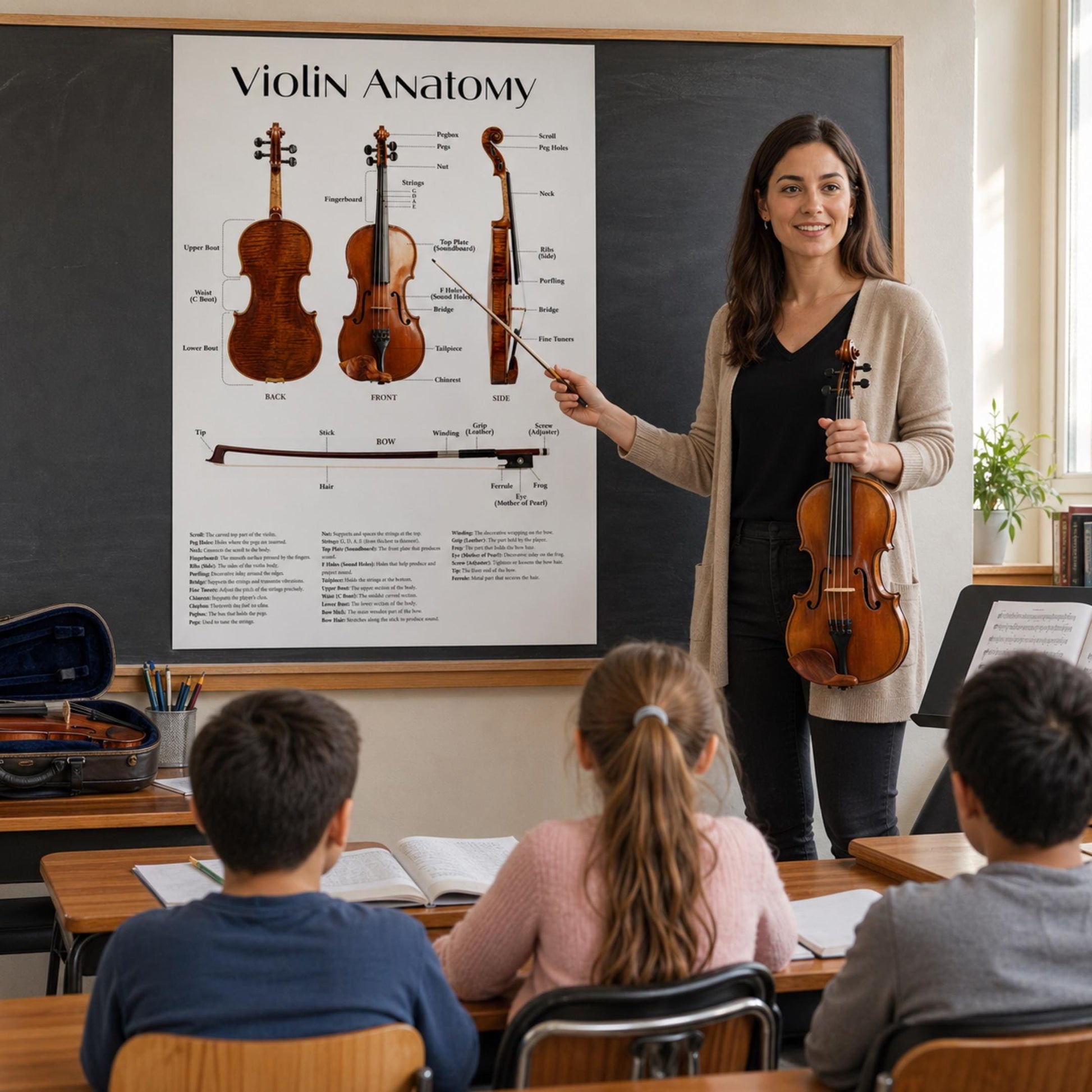 Professional violin anatomy chart printable displaying all key components with accurate labeling, designed for teachers, students, and conservatory use