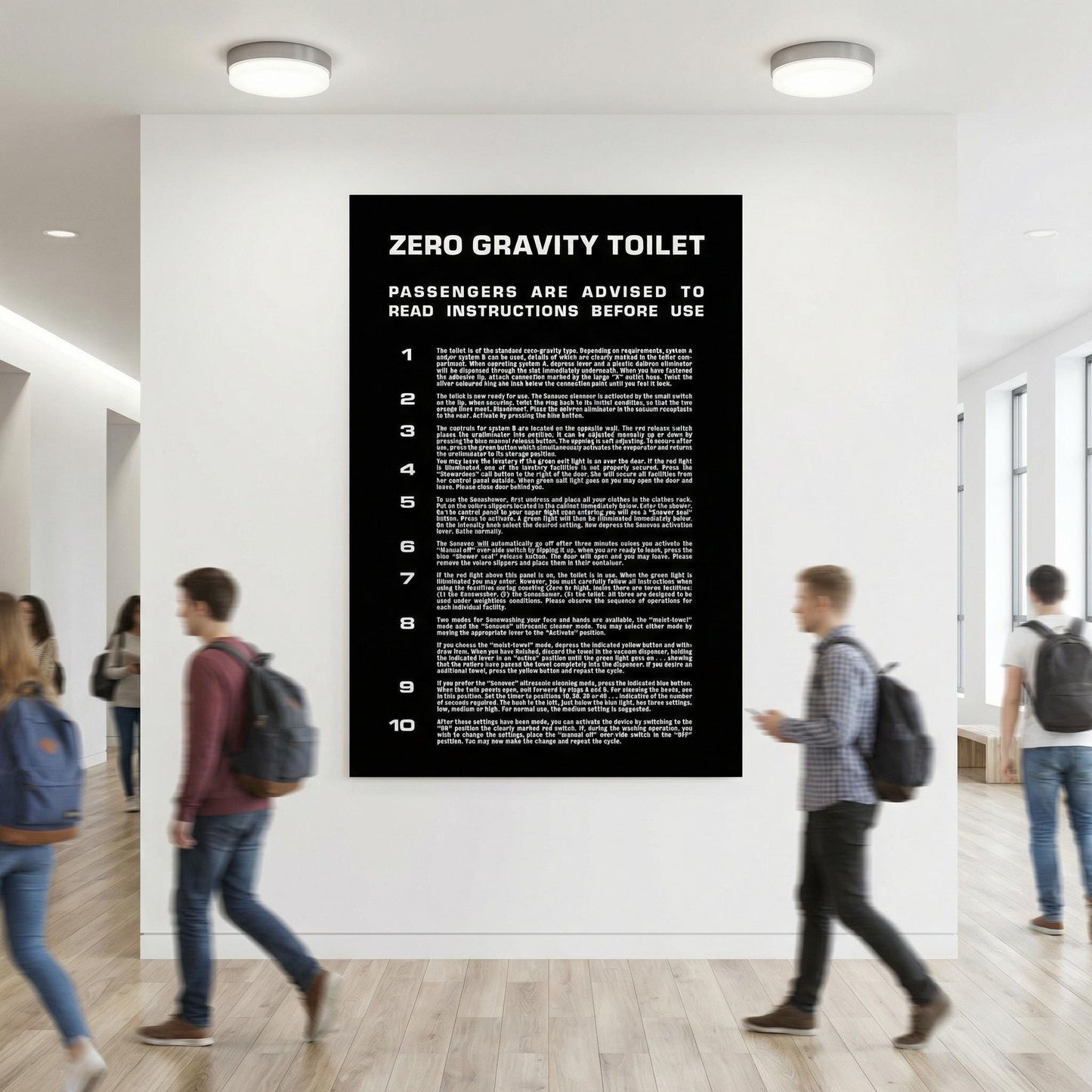 2001 Zero Gravity Toilet typography poster recreated with research-based accuracy, offering a sleek black background and crisp cinematic spacing.