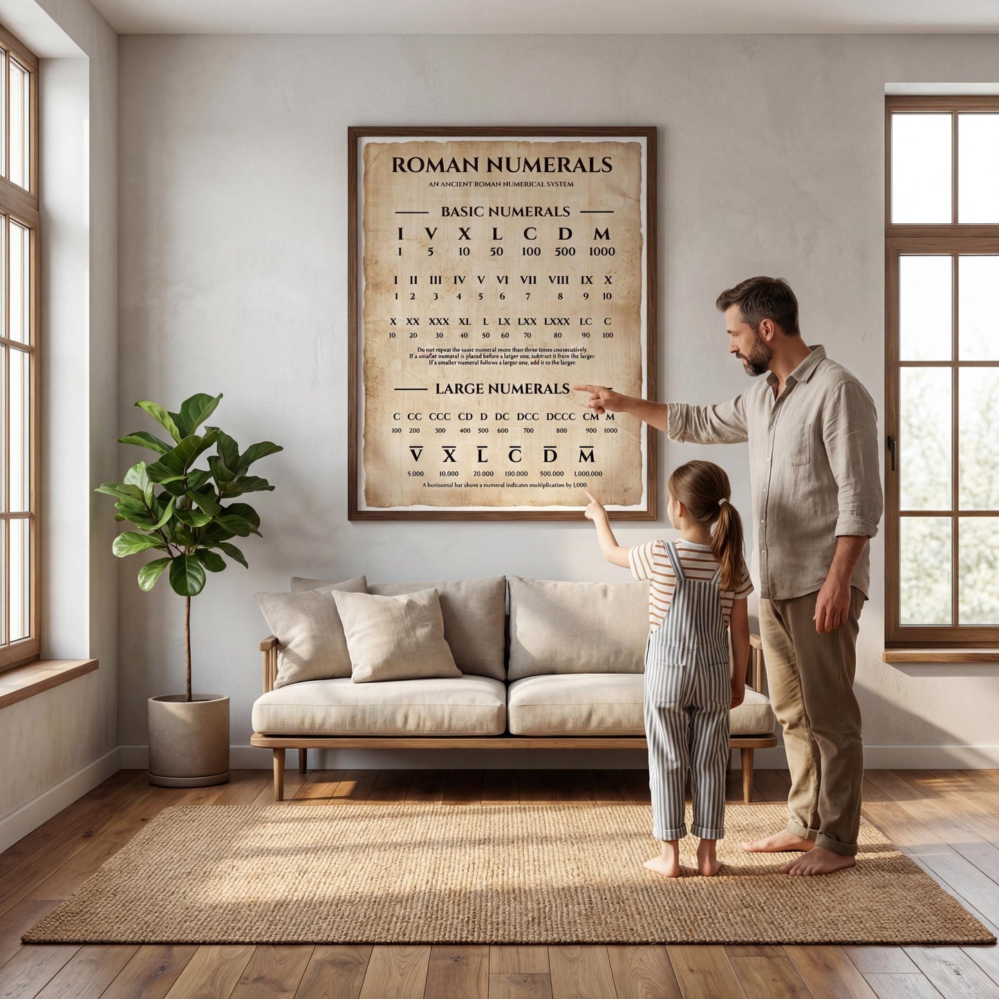 Vintage-style Roman numeral wall chart printable with clear listings from basic numerals to extended forms, perfect for classical education and historical study environments.