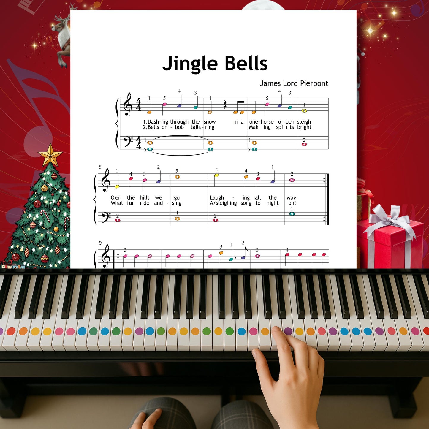 Jingle Bells by James Lord Pierpont downloadable and simplified piano sheet music PDF displayed in a duet-focused Grade 1 edition including finger numbers, note names, color-coded notes, lyrics, and violin part, designed to support joyful ensemble music-making for holiday events.
v
