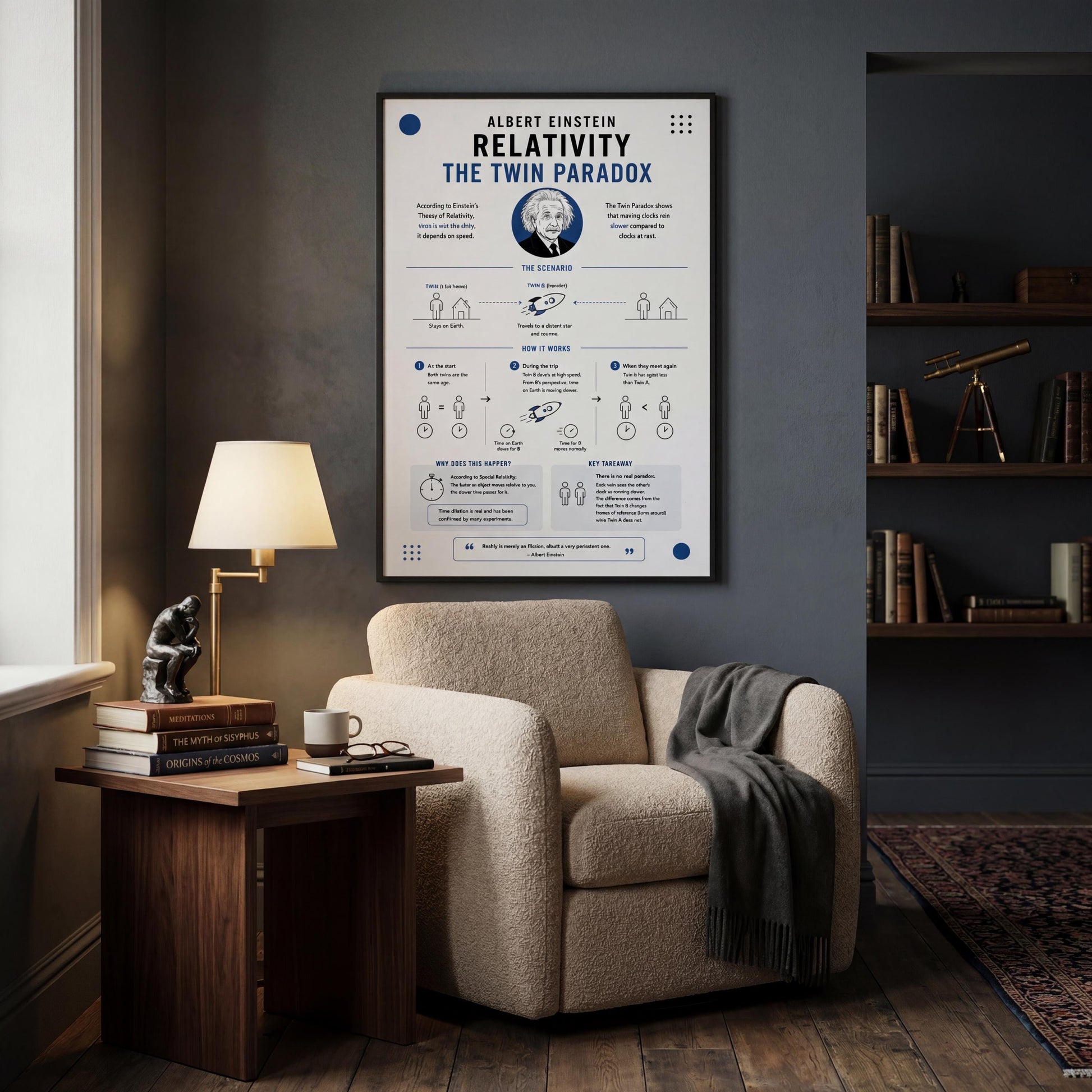 a poster of Albert Einstein's "Relativity" hanging on a wall in a living room, with a beige armchair and a wooden side table in the foreground.