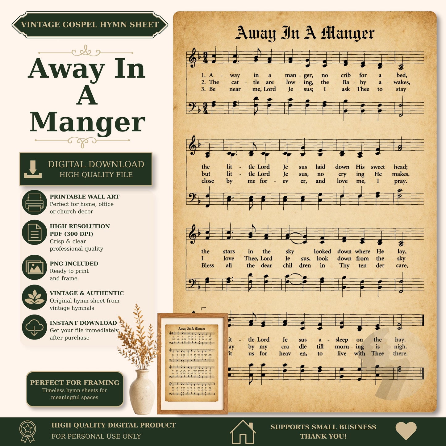 The image is a vintage-style sheet music for a song titled "Away In A Manager" with a printed sheet of music and a framed sheet of music. The sheet music is accompanied by a printed wall art and a vintage-style photograph.