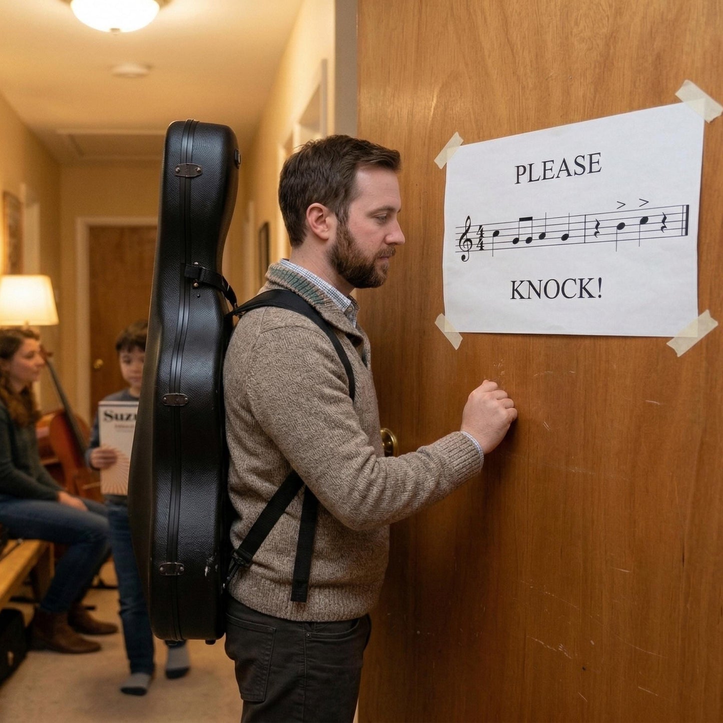 Printable Please Knock music sign with multiple design versions including minimal, framed, and craft styles, ideal for music teachers and educational environments