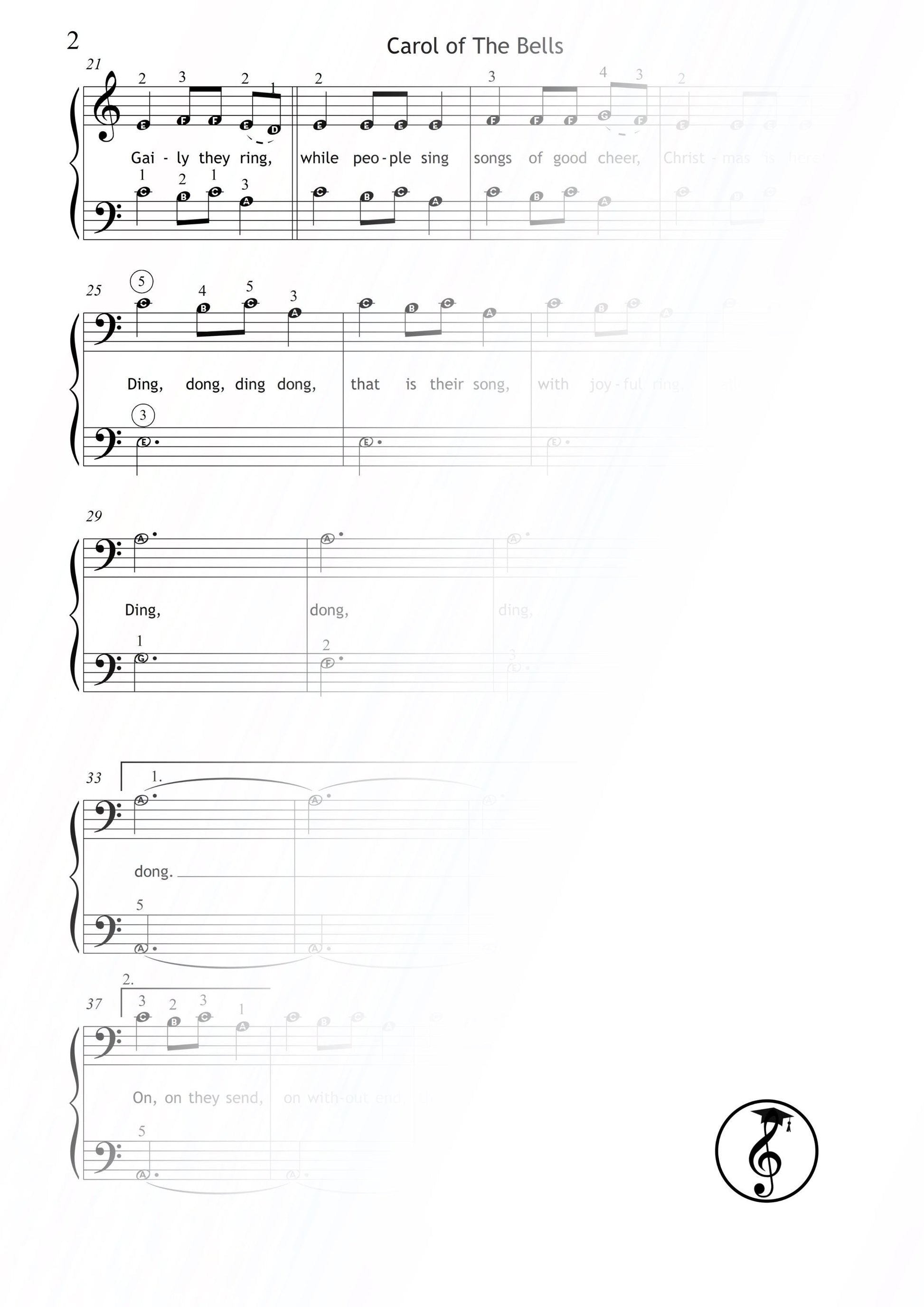 Carol of the Bells by Mykola Leontovych downloadable and simplified piano sheet music PDF arranged for Grade 1 four-hand beginners, featuring color-enhanced notation, note names, finger numbers, MP3 demo, and an AI-enhanced teaching video.