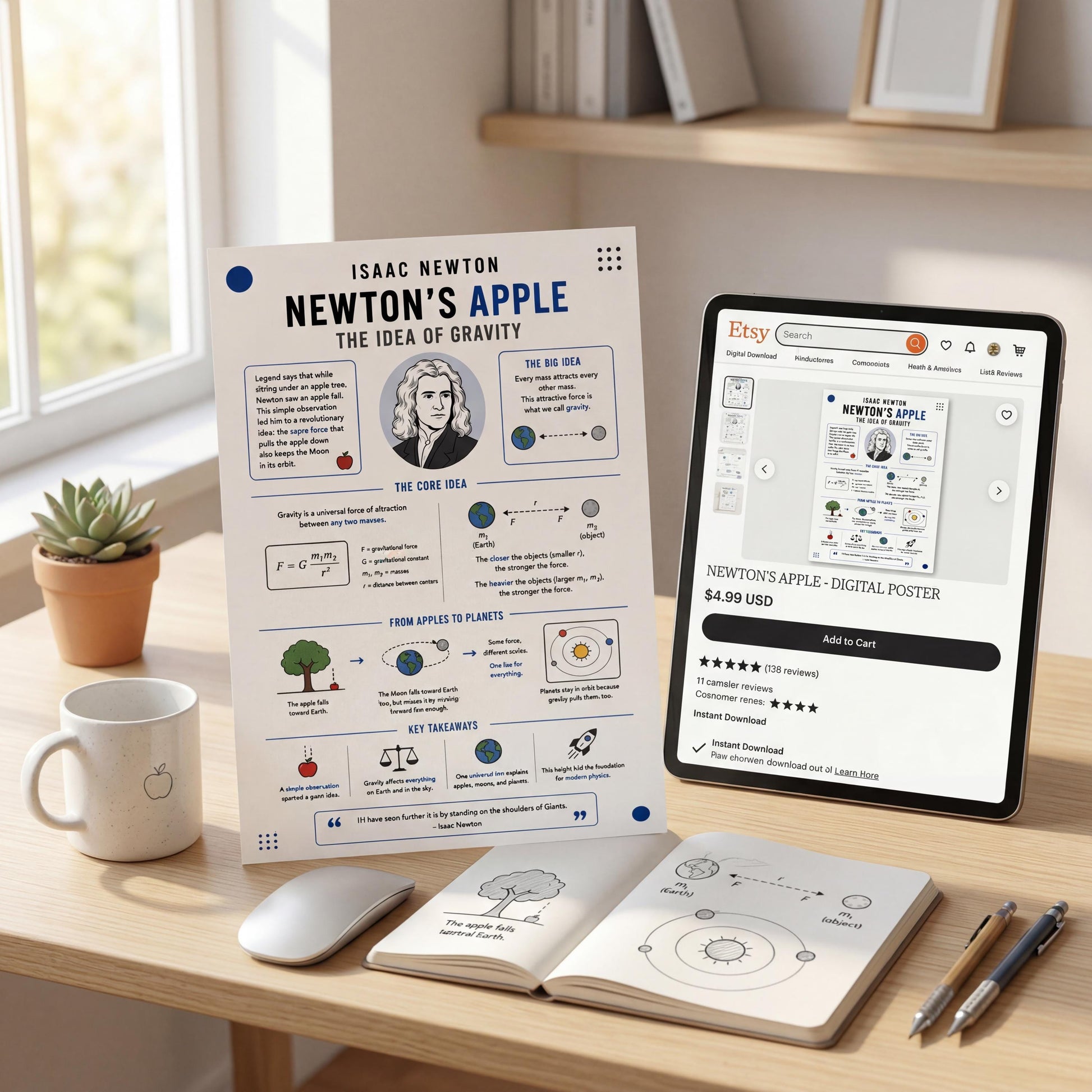 a desk with various items, including a poster or book about Isaac Newton's apple, a tablet or laptop displaying an app, a coffee cup, a mouse, and a notebook.