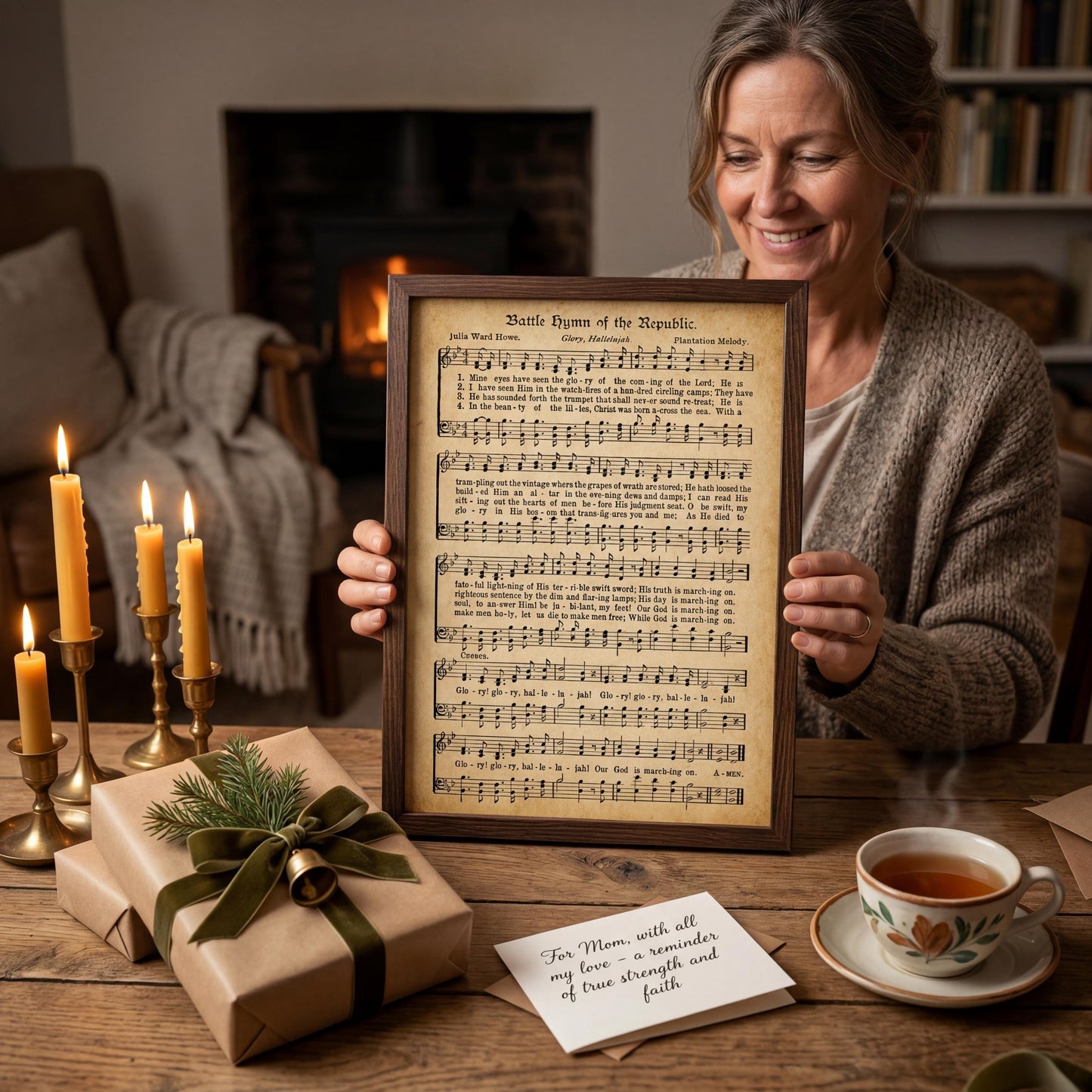 A woman is sitting at a table with a framed sheet music of a hymn, a wrapped gift, and a cup of tea. The scene appears to be a cozy and festive setting, with a fireplace and candles in the background.