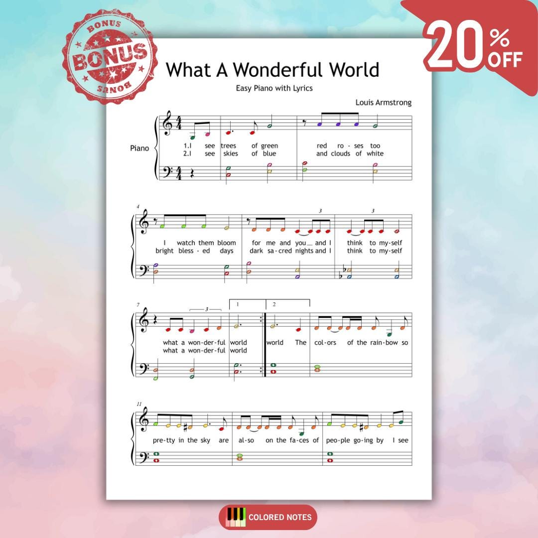 What a Wonderful World piano sheet simplified PDF download, Louis Armstrong classic arranged at Grade 2 level, includes letter-note version for beginners, color-coded notes for visual learners, and clean recital edition, printable PDF and JPEG, plus MP3 and tutorial video, ideal for practice and teaching.