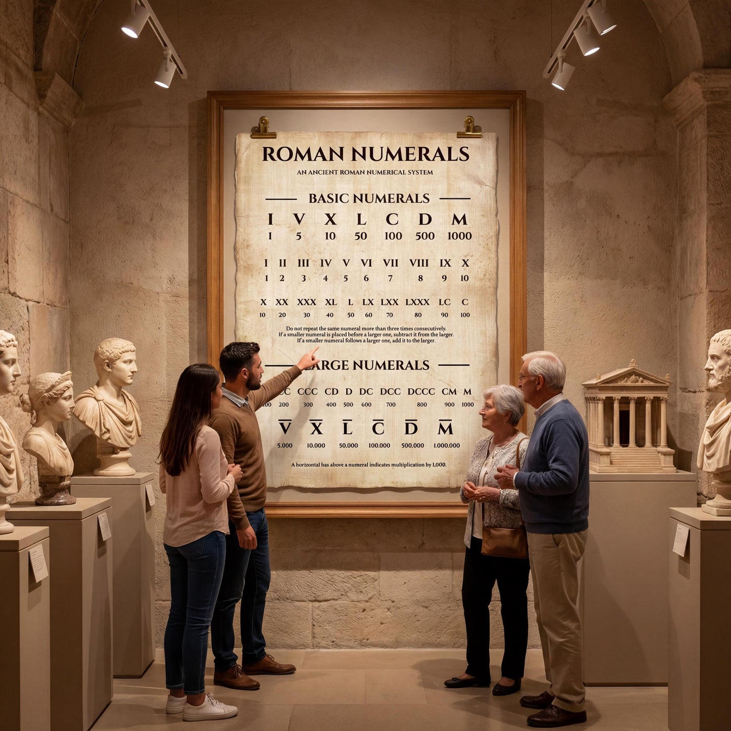Roman numerals history poster printable designed as an antique scroll, offering a visual guide to Roman numbering from I through M̅ for students and history enthusiasts.