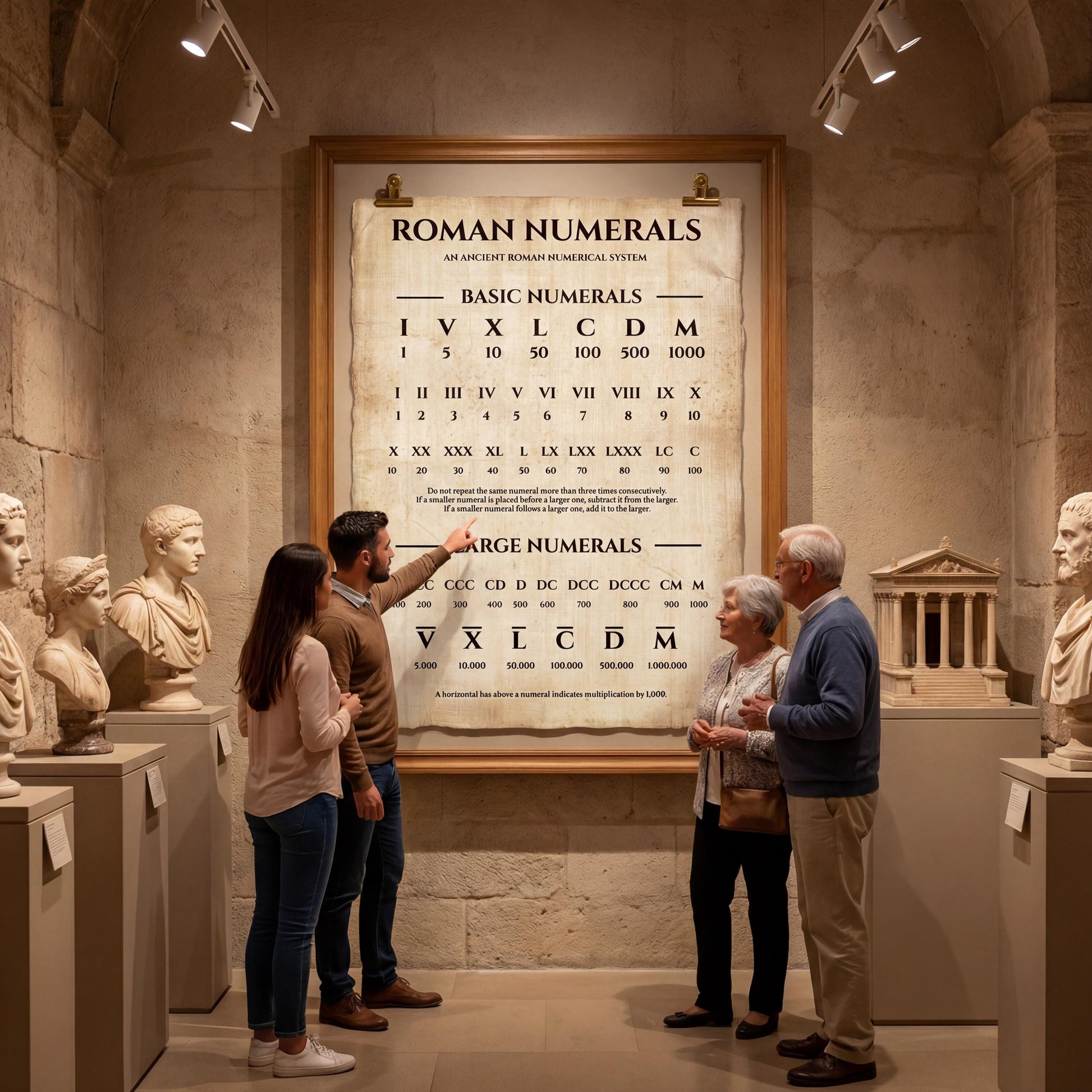 Roman numerals history poster printable designed as an antique scroll, offering a visual guide to Roman numbering from I through M̅ for students and history enthusiasts.