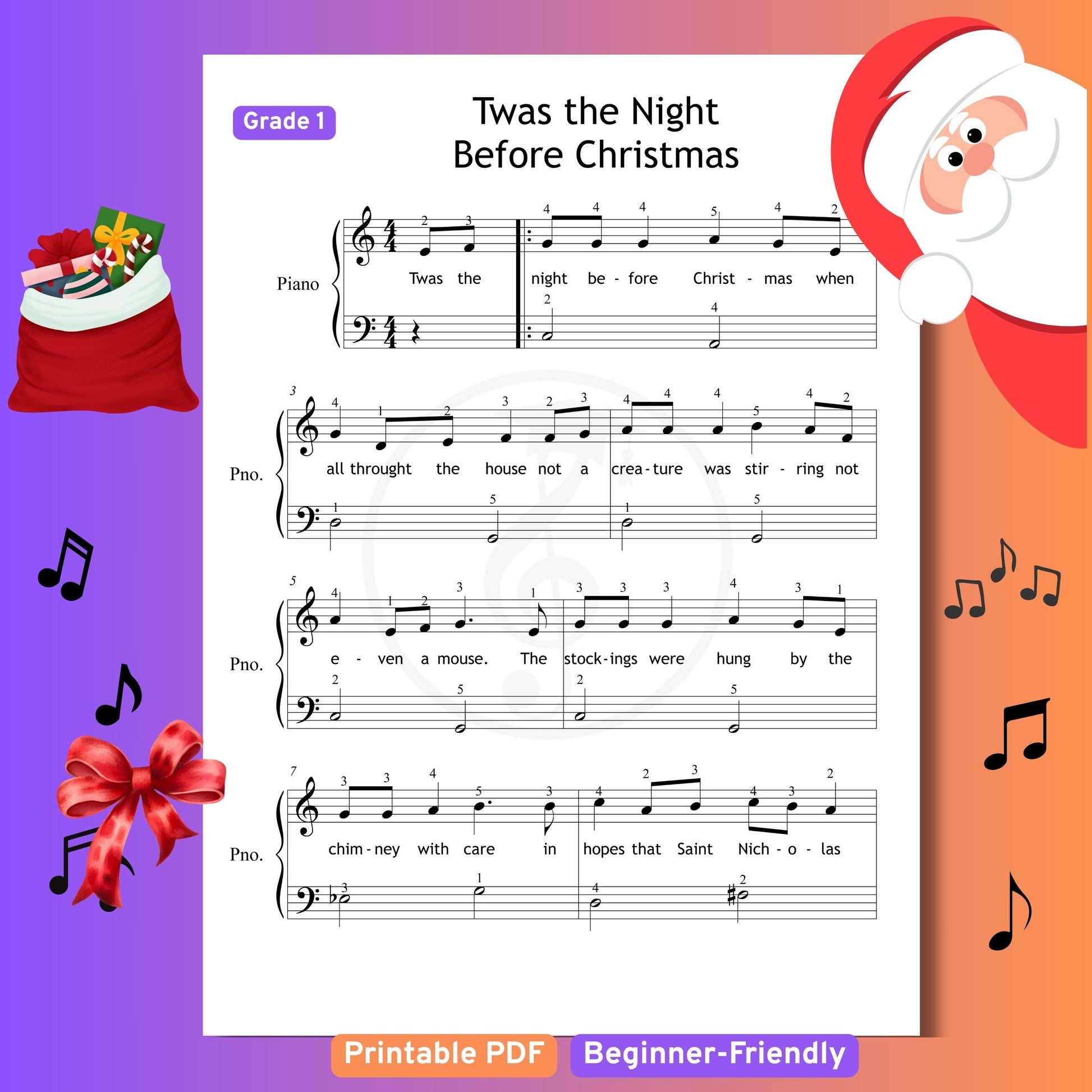 ’Twas the Night Before Christmas simplified piano sheet PDF download, Grade 1–2 Christmas carol version with letter names and color-coded notes to support early readers, finger numbers included, printable PDF and PNG, MP3 demo audio provided, perfect for festive recitals, school events, and seasonal piano study.
