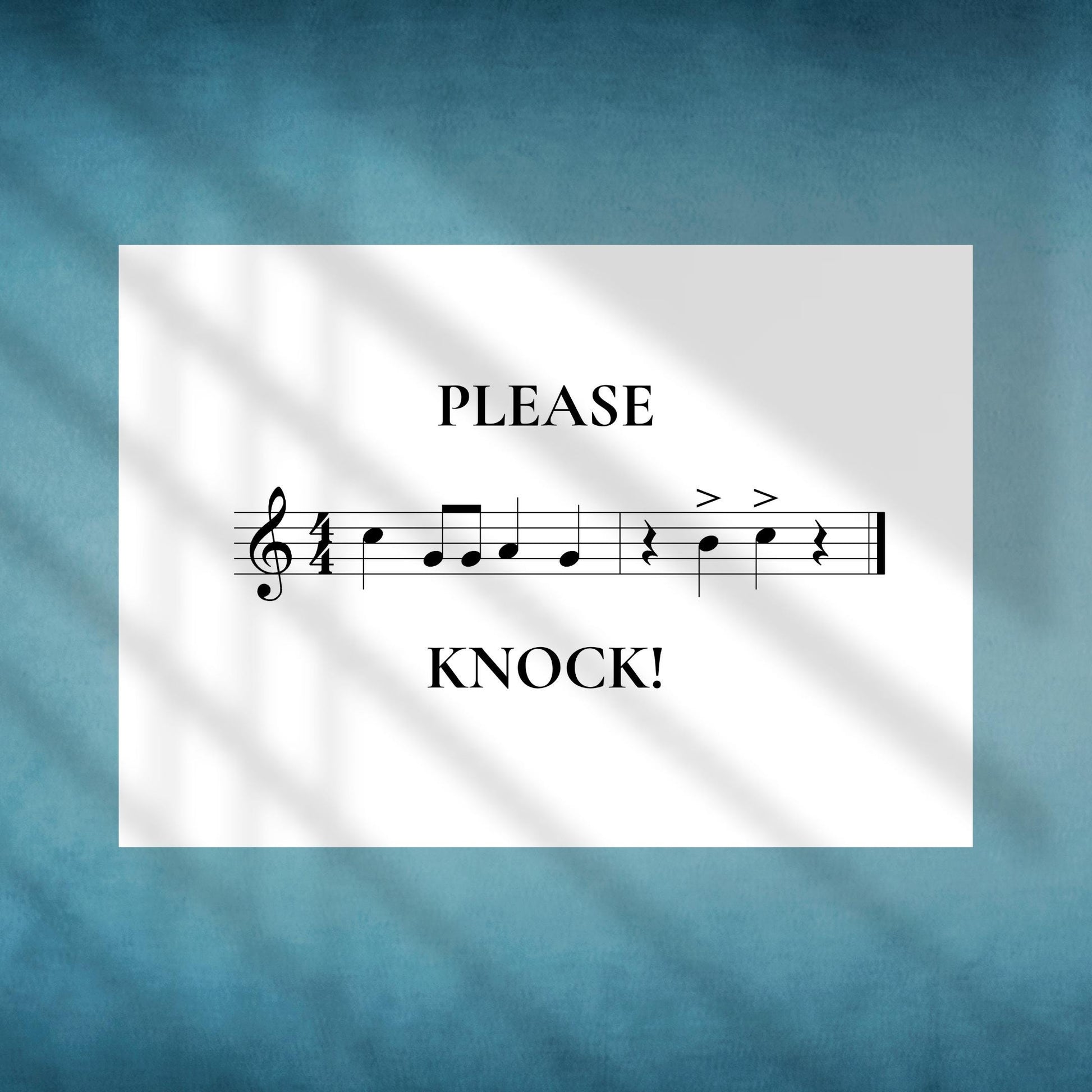 Please Knock sheet music sign printable featuring clean layout and musical staff elements, suitable for classroom doors, studio entrances, and home practice areas