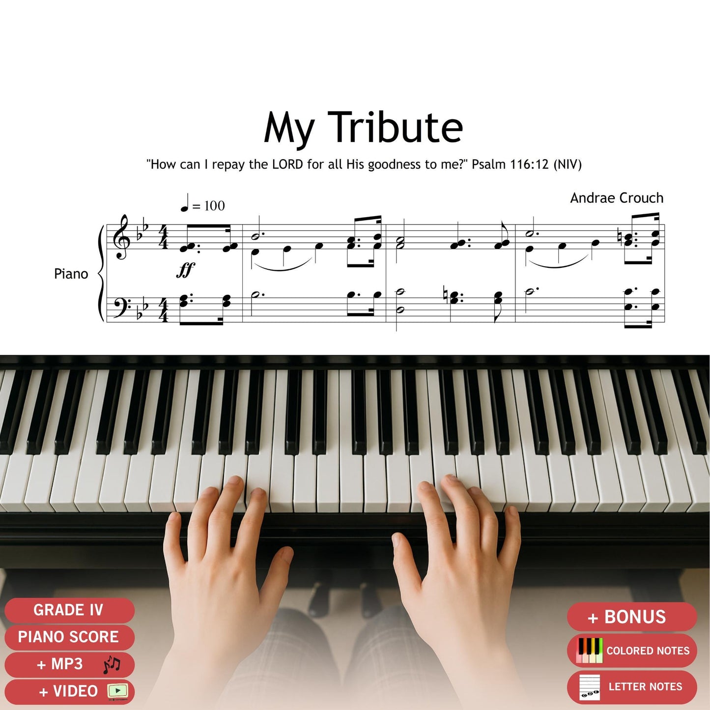 My Tribute (To God Be the Glory) by Andraé Crouch, SATB choir and piano sheet music in printable PDF format.
A powerful gospel hymn ideal for worship services, gospel concerts, or spiritual celebrations of gratitude.