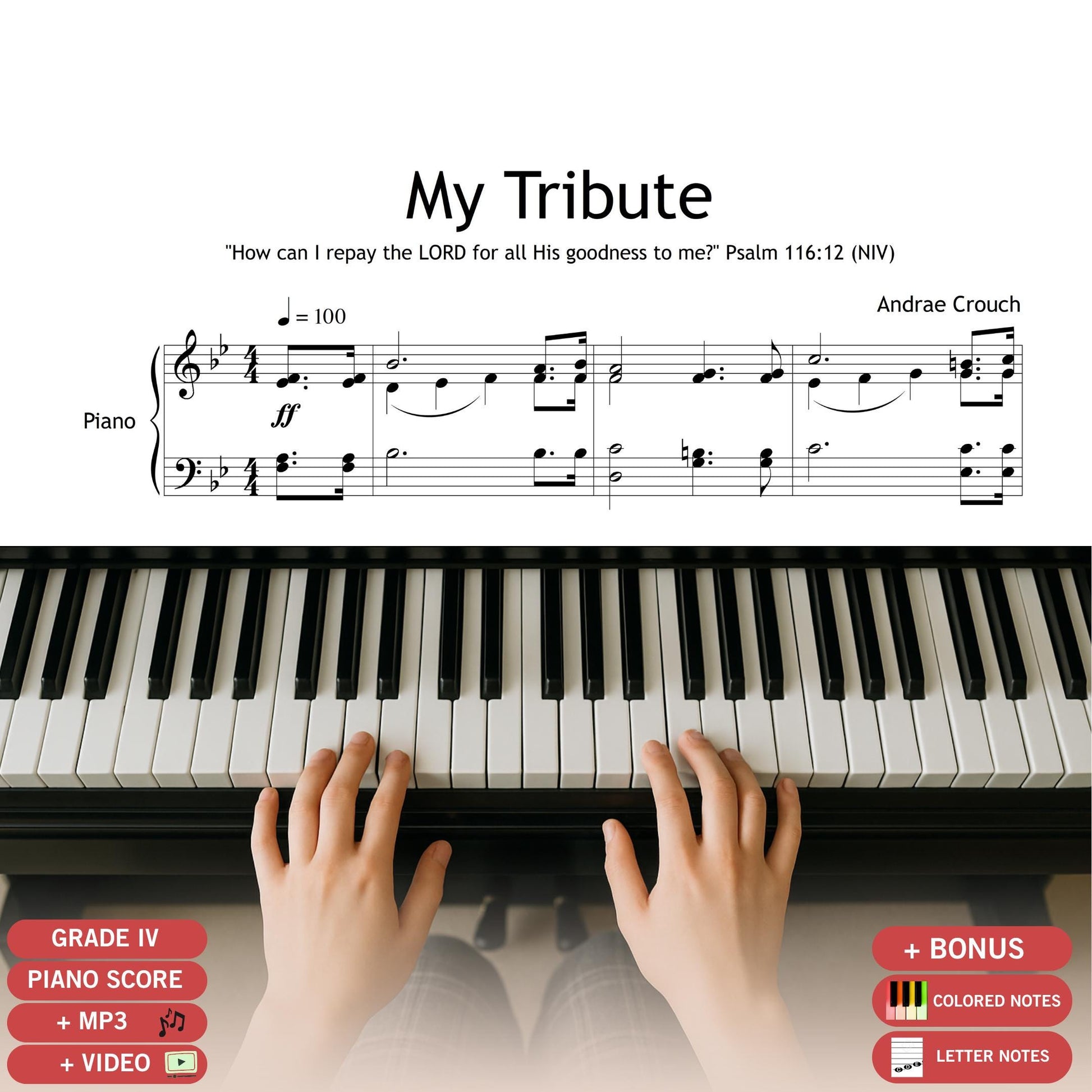 My Tribute (To God Be the Glory) by Andraé Crouch, SATB choir and piano sheet music in printable PDF format.
A powerful gospel hymn ideal for worship services, gospel concerts, or spiritual celebrations of gratitude.