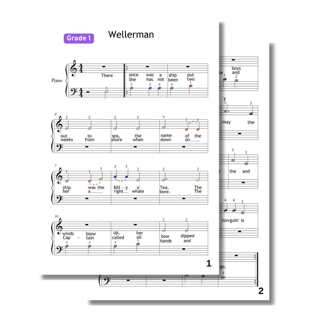 Wellerman - Grade 1 Simplified Easy Piano Sheet for Beginners | Sea Shanty PDF + Letter Notes + MP3 | Color-Coded Kids Edition