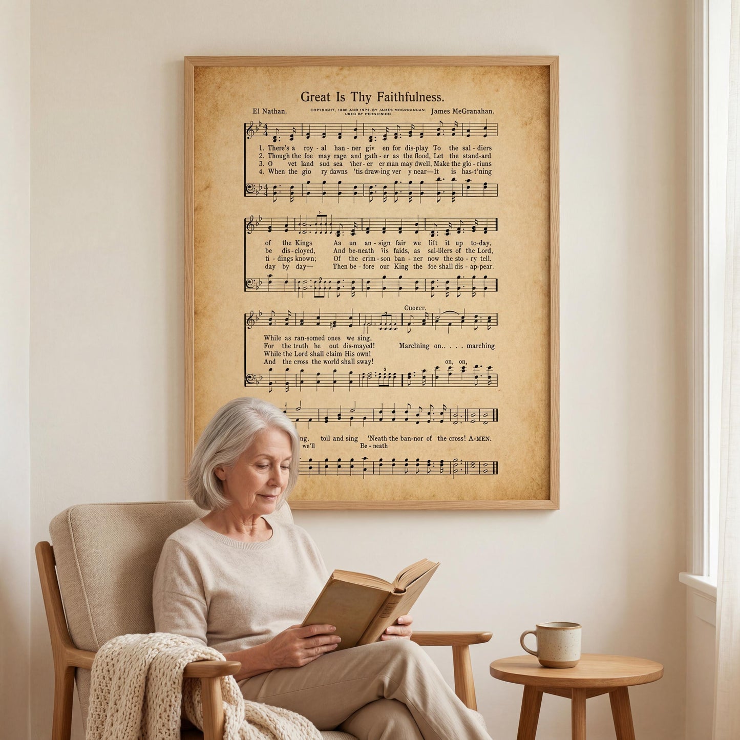 An elderly woman is sitting in a chair, reading a book, with a framed sheet music of a hymn displayed on the wall behind her.