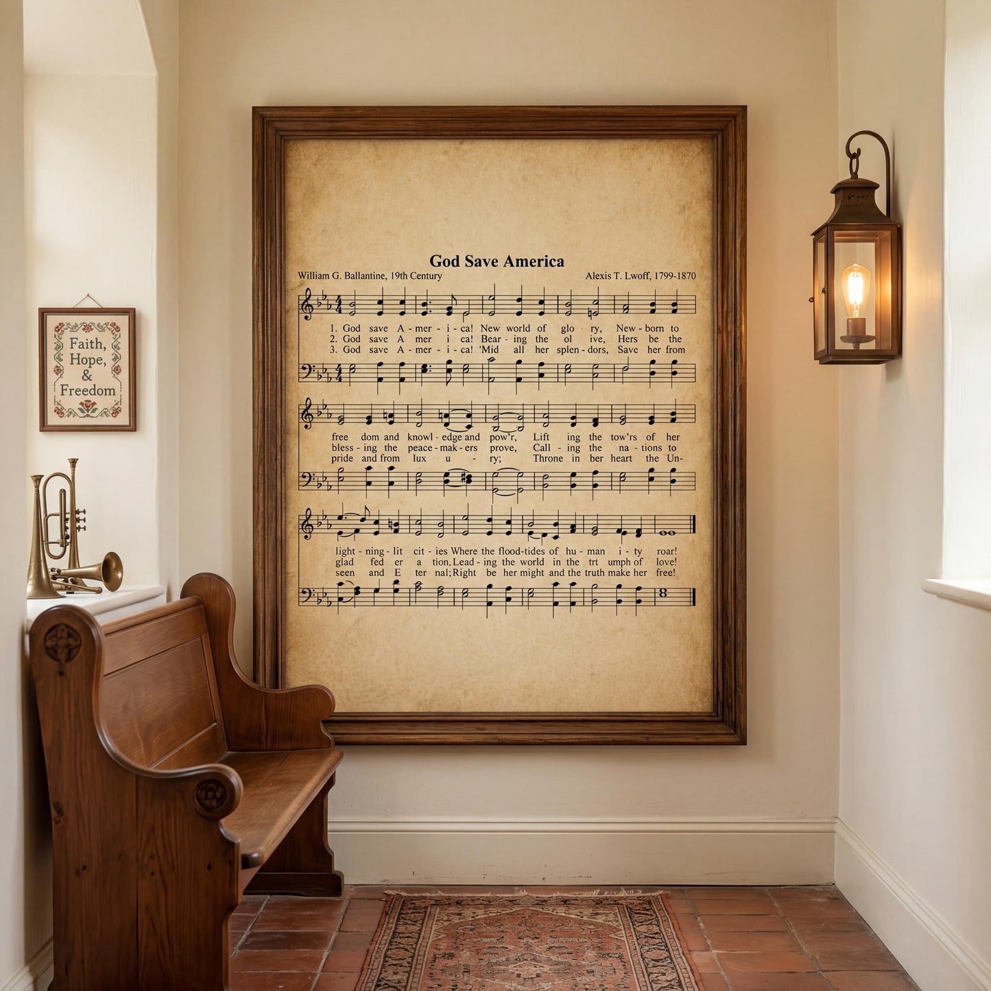 a large framed sheet of music titled "God Save America" with a wooden bench and a lantern in the background.