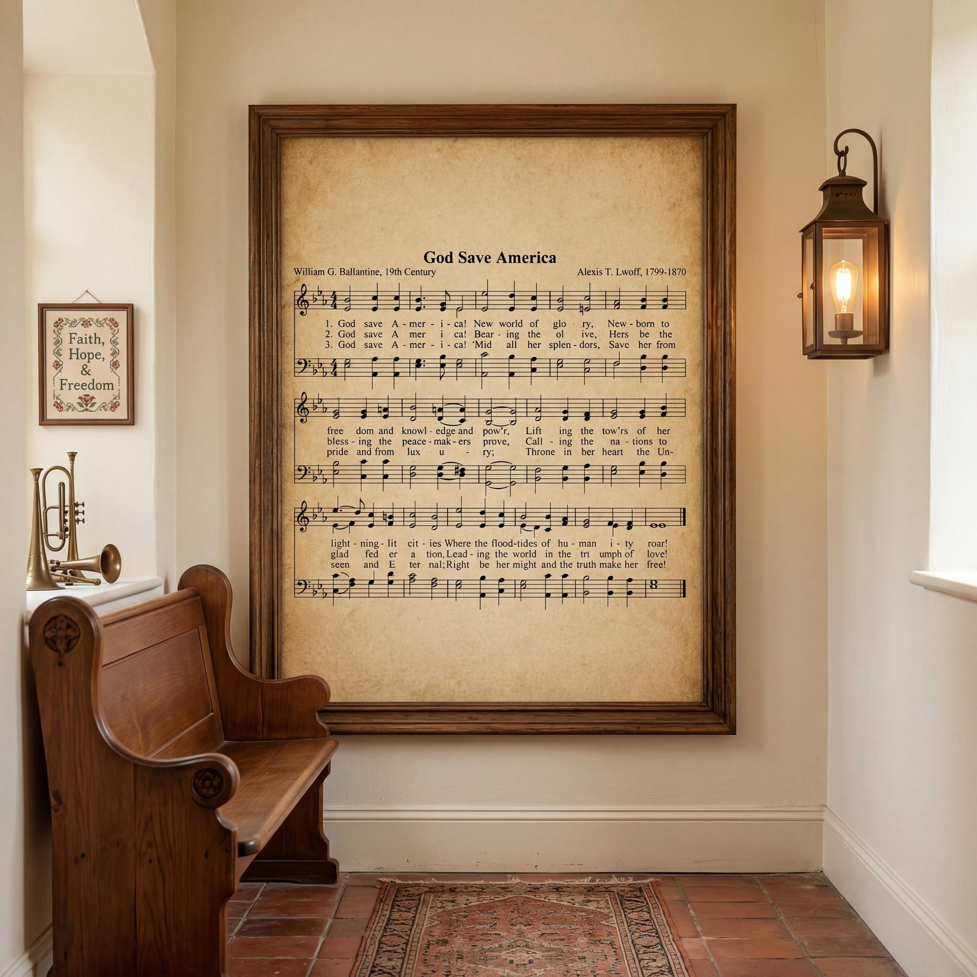 a large framed sheet of music titled "God Save America" with a wooden bench and a lantern in the background.