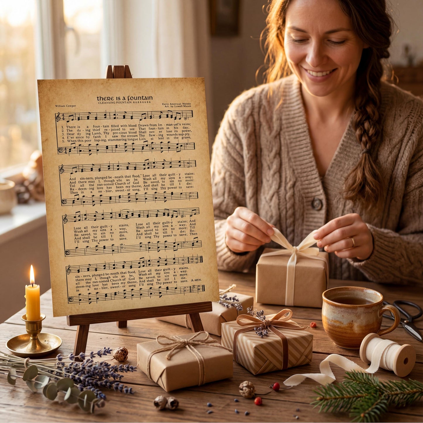 A woman is sitting at a table, smiling and wrapping a gift with a ribbon. The table is decorated with various items, including a candle, a mug, and some wrapped presents. There is also a sheet of music or lyrics displayed on the table.