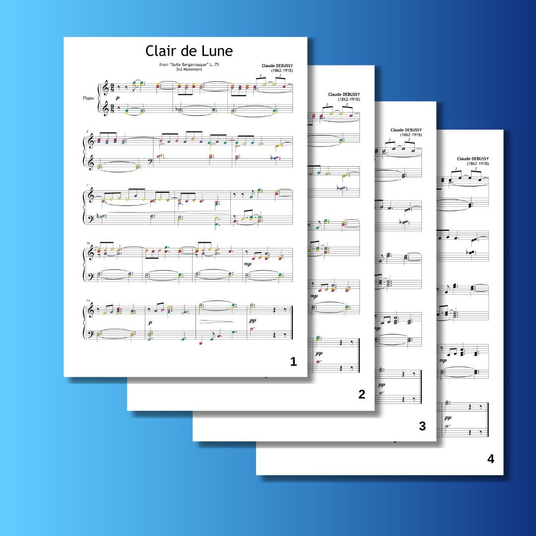 Clair de Lune by Claude Debussy simplified Grade 4 piano sheet PDF download, beginner-friendly layout with four versions: clean, note names, color-coded, and combined, perfect for visual learners, printable in high resolution, and compatible with digital tablets.