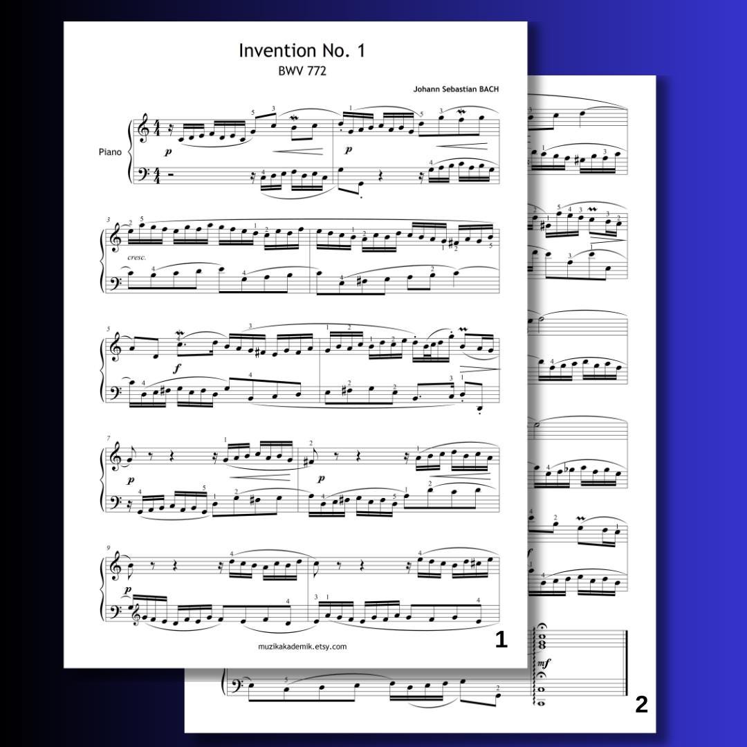 Bach Invention No.1 professional sheet music PDF for piano, featuring Baroque-era engraving with fingerings, clean layout, and instant digital download icons – ideal for classical musicians and students.