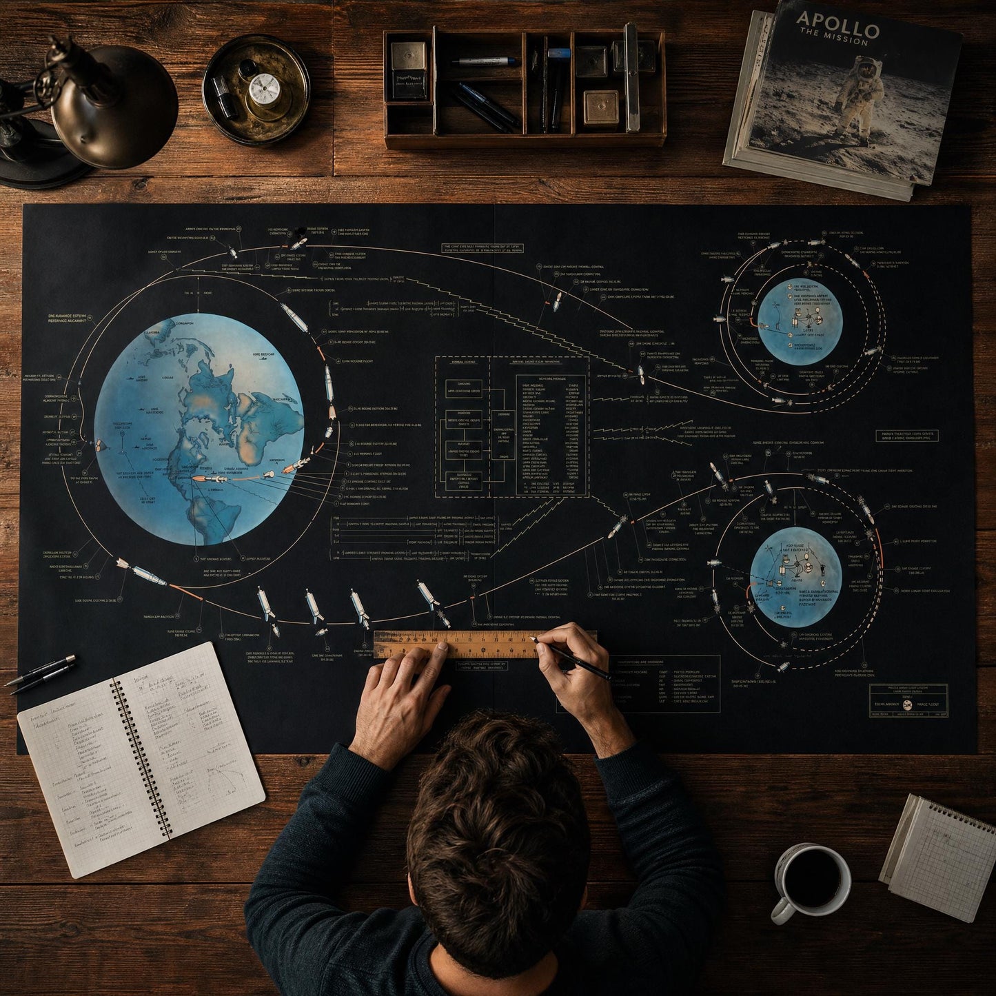 NASA Apollo 11 chart printable digital poster with panoramic lunar mission profile, detailed communication systems, and vintage scientific visualization design