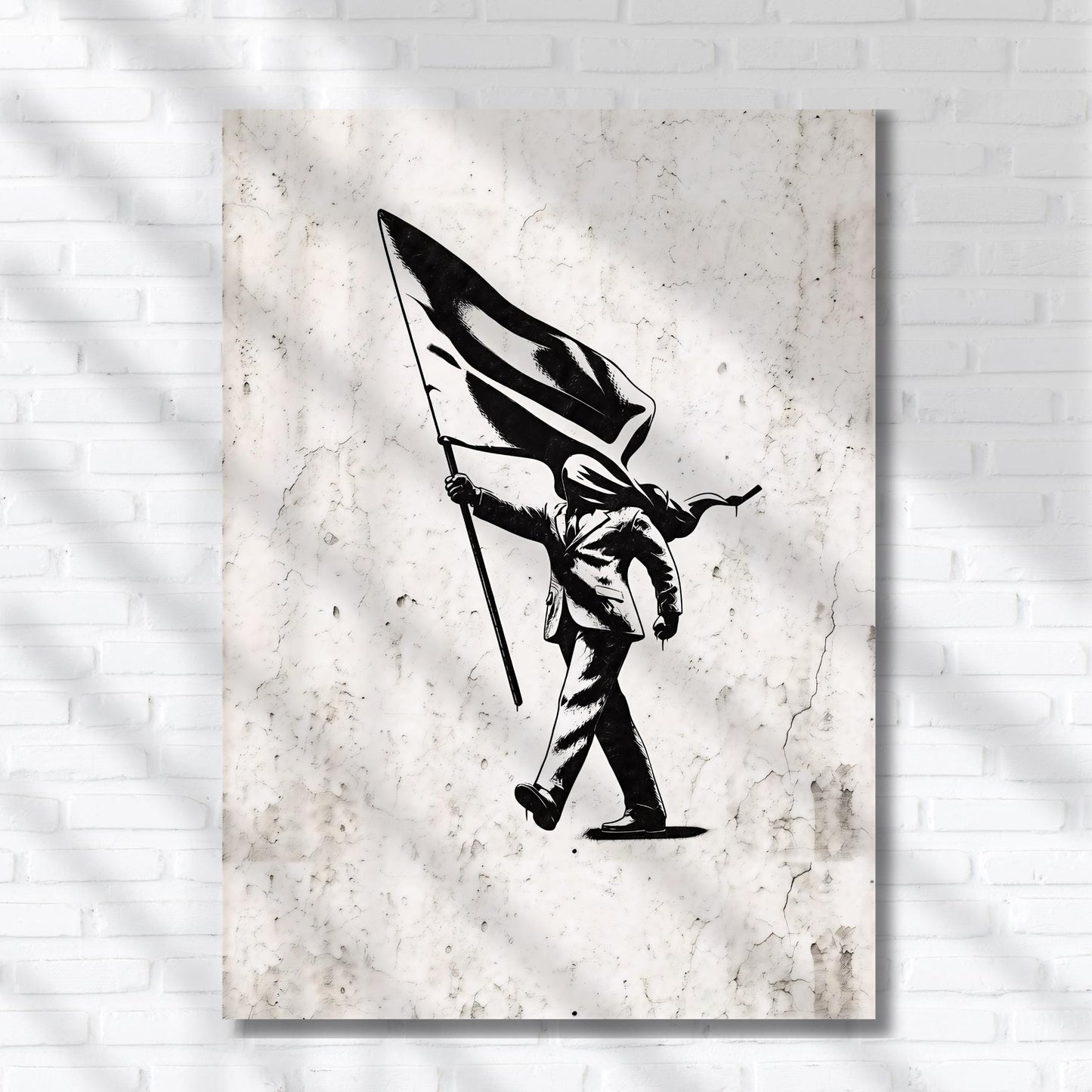 Banksy style Blind Patriotism poster printable minimalist monochrome artwork with symbolic walking figure and flag, high-resolution digital download perfect for contemporary wall decor