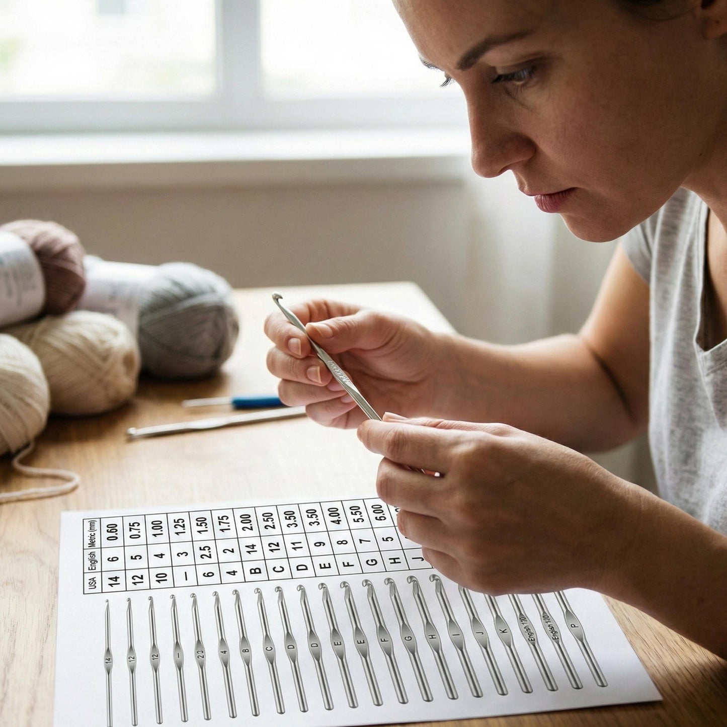 Crochet Hook Size Conversion Chart – US UK and Metric Guide displayed as a clean, minimalist table showing crochet hook sizes compared across US, UK, and metric millimeter measurements, designed as a printable and digital reference for crocheters.