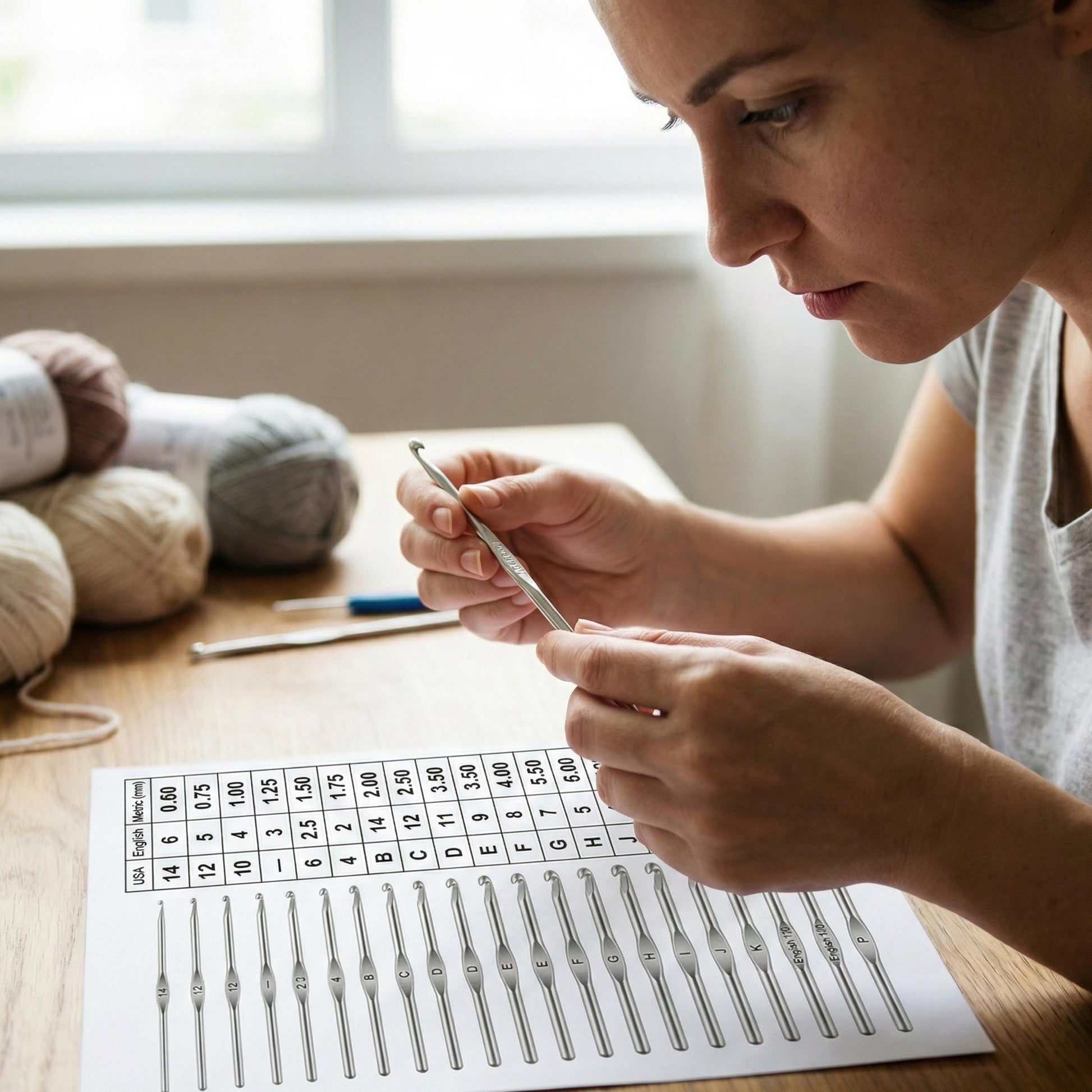 Crochet Hook Size Conversion Chart – US UK and Metric Guide displayed as a clean, minimalist table showing crochet hook sizes compared across US, UK, and metric millimeter measurements, designed as a printable and digital reference for crocheters.