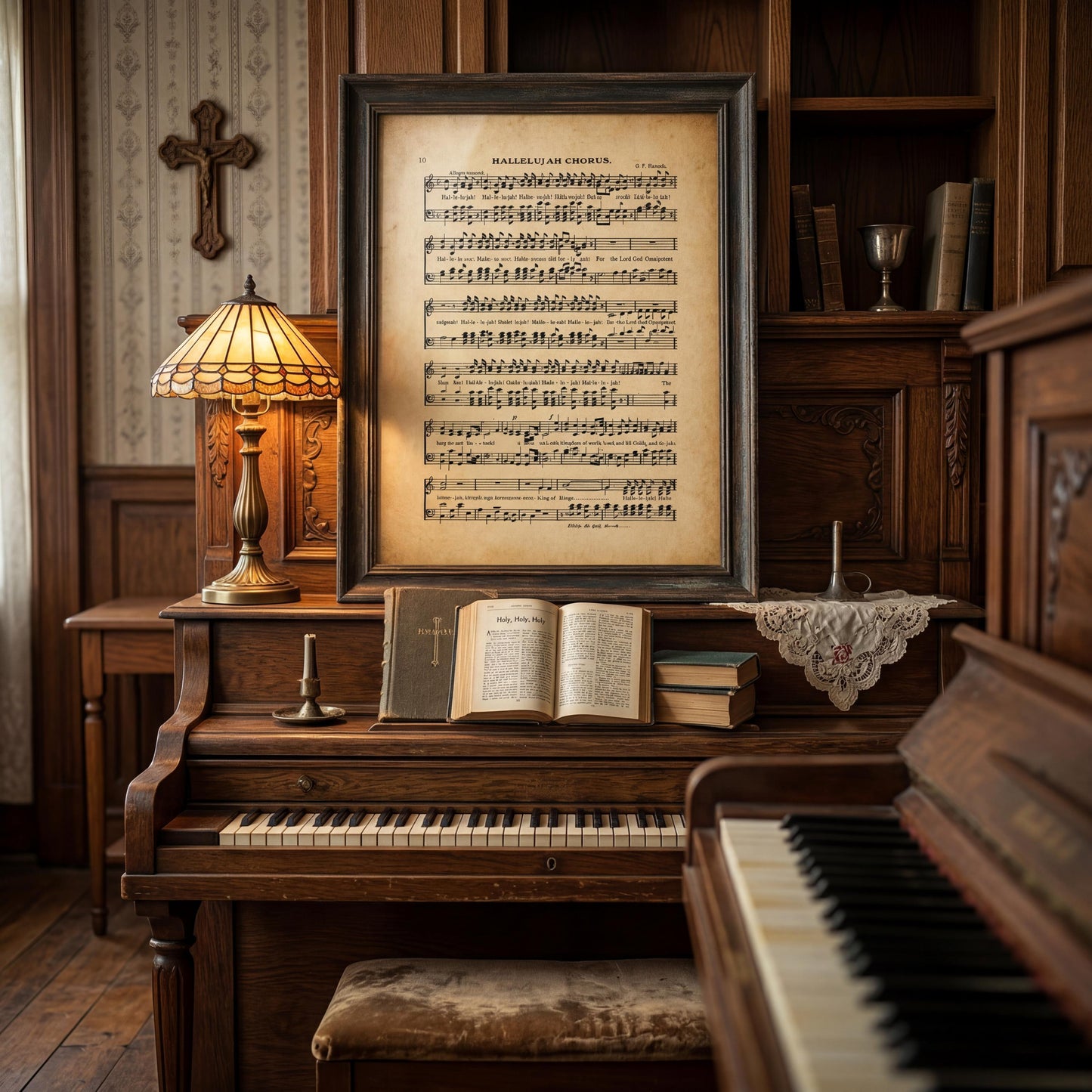 a cozy and vintage-inspired room with a large framed sheet music print on a wooden piano, a lamp, and an open book on the piano.