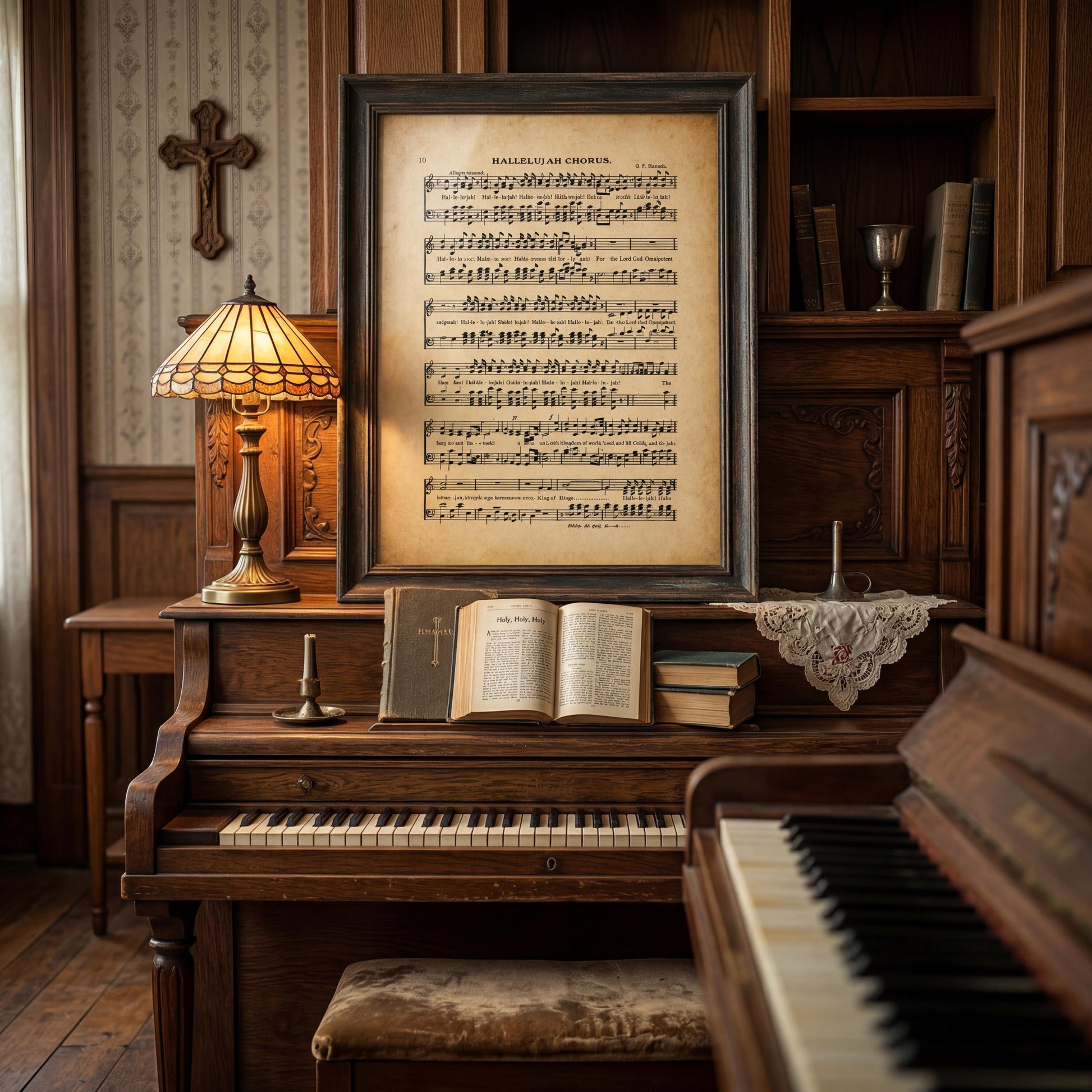 a cozy and vintage-inspired room with a large framed sheet music print on a wooden piano, a lamp, and an open book on the piano.