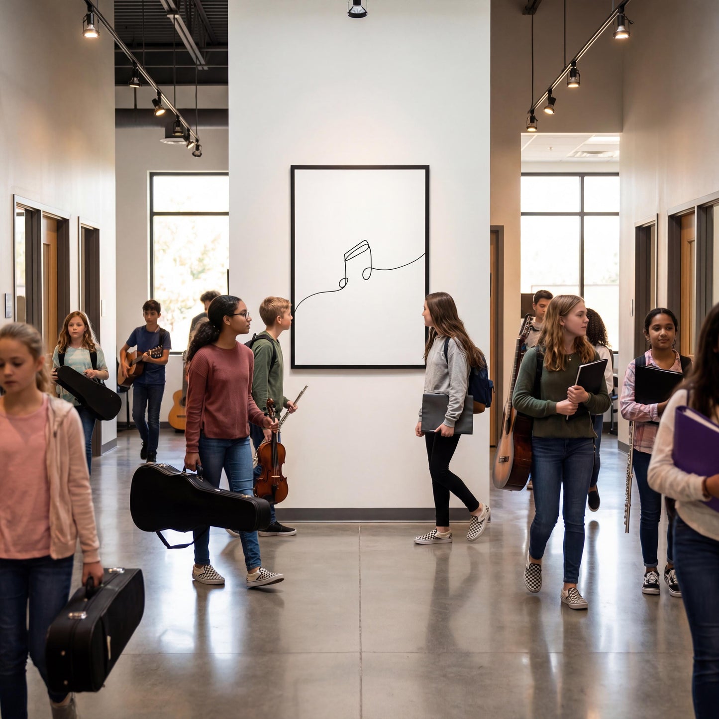 Minimalist music artwork printable collection displaying abstract line art of musical elements, created for inspiring classroom walls, rehearsal rooms, and modern music-themed environments.