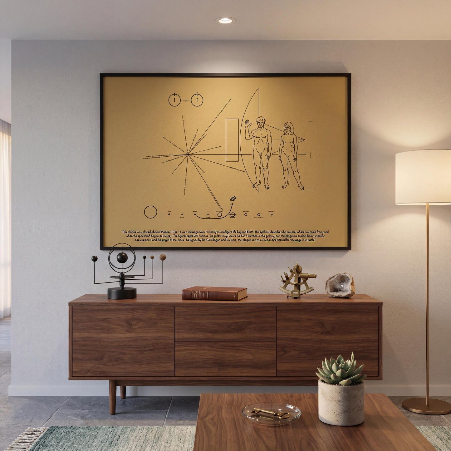 a modern living room with a large wooden cabinet or dresser, a framed artwork depicting a man and a woman, a lamp, a potted plant, and a small sculpture.