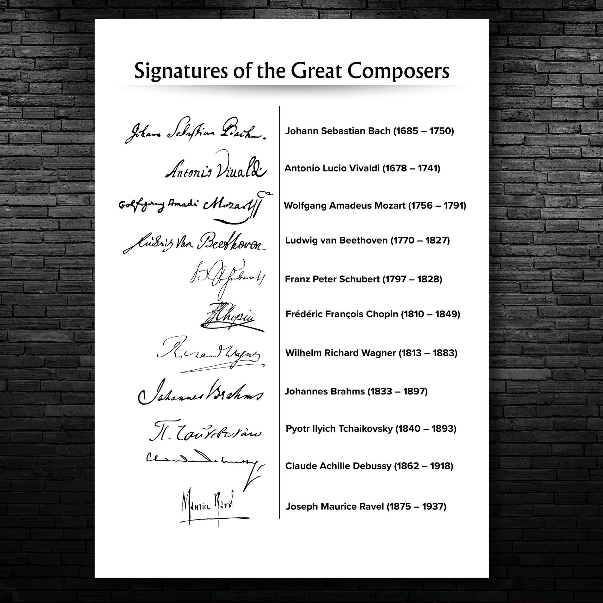 Signatures of the Great Composers printable wall art digital download featuring authentic autographs of Bach, Mozart, Beethoven, Chopin, Wagner, Brahms, Tchaikovsky, Debussy, Vivaldi, Schubert, and Ravel, high-resolution PDF and JPG poster plus individual transparent PNG signature files for teaching, décor, and creative projects.