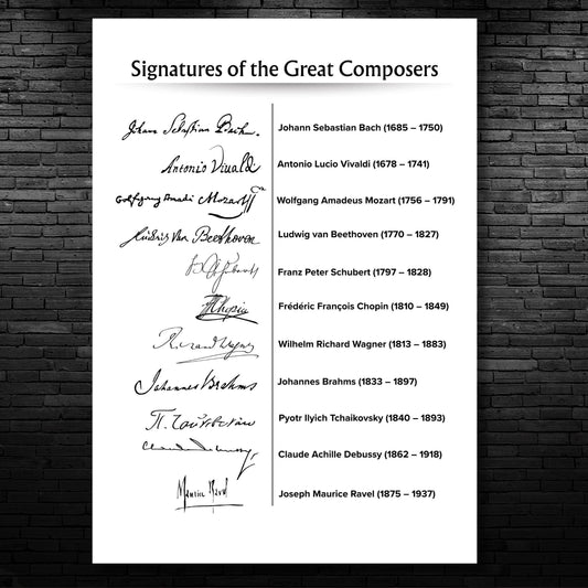 Signatures of the Great Composers printable wall art digital download featuring authentic autographs of Bach, Mozart, Beethoven, Chopin, Wagner, Brahms, Tchaikovsky, Debussy, Vivaldi, Schubert, and Ravel, high-resolution PDF and JPG poster plus individual transparent PNG signature files for teaching, décor, and creative projects.