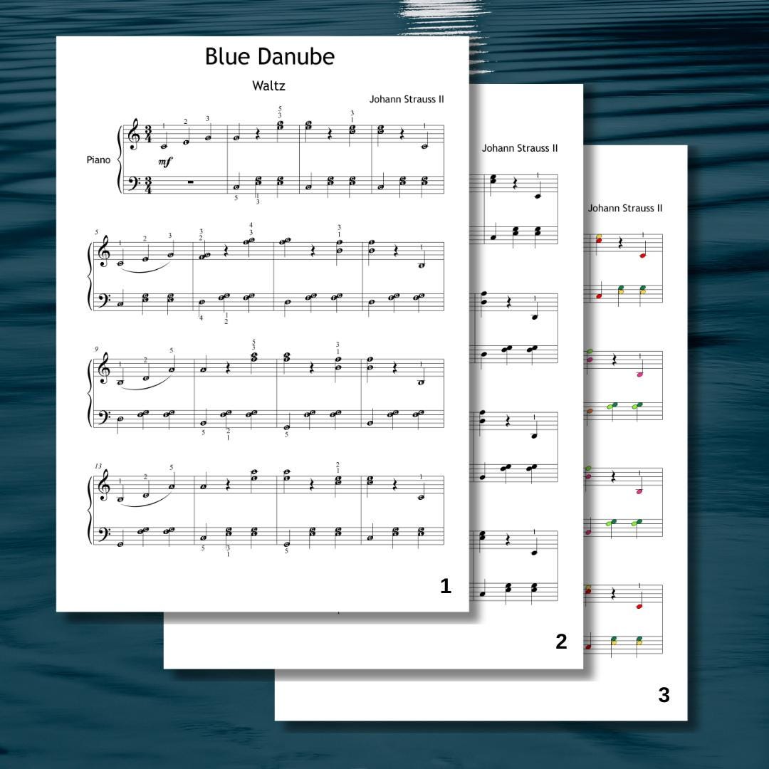 Blue Danube by Johann Strauss - Grade 3 Printable PDF, Colored Notes, Finger Numbers and Video Lesson